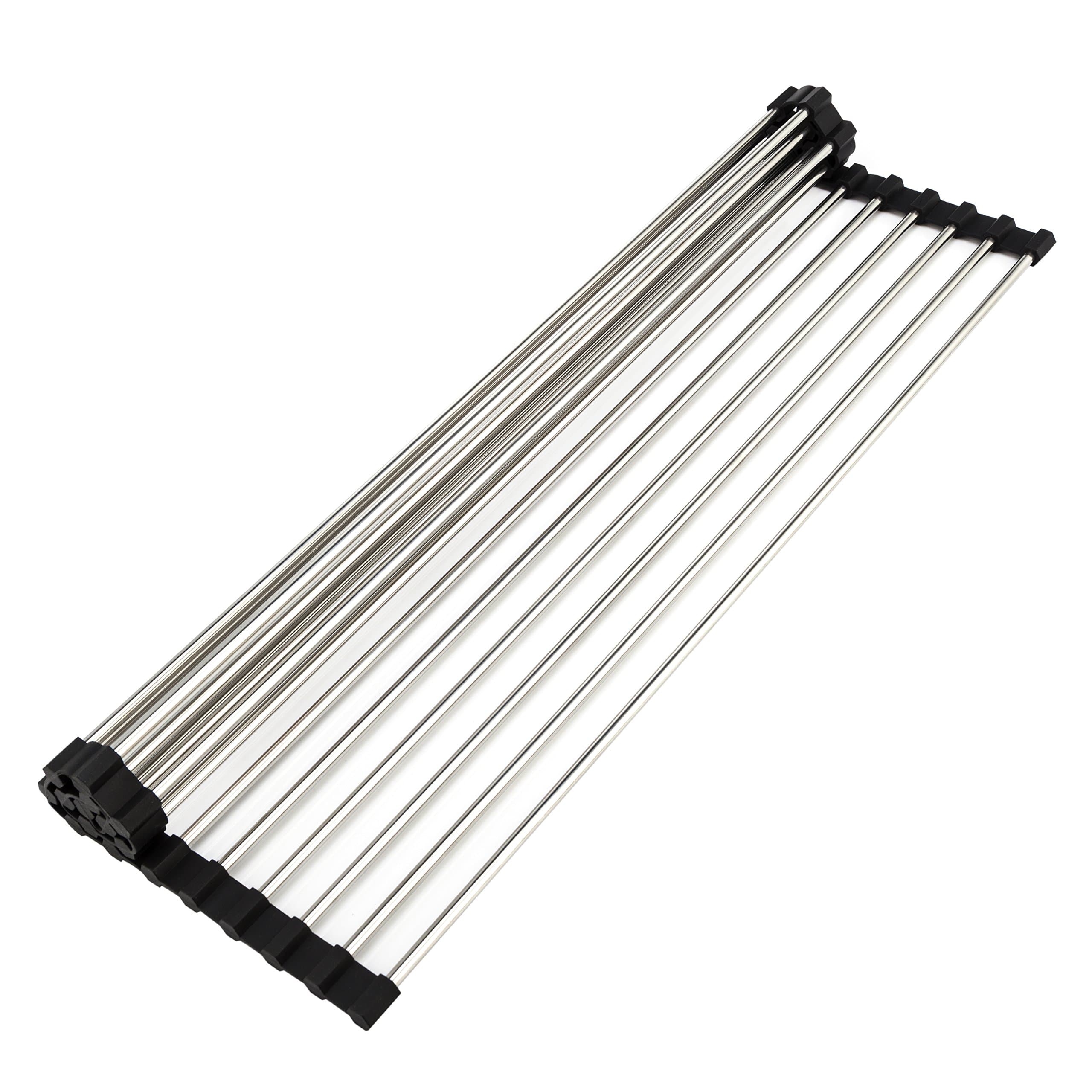 EZ store Roll Up Dish Rack | 20.5 .9 | Black silicone Stainless Steel Over the Sink Drain board and Colander. Compact folding mat for organized storage.