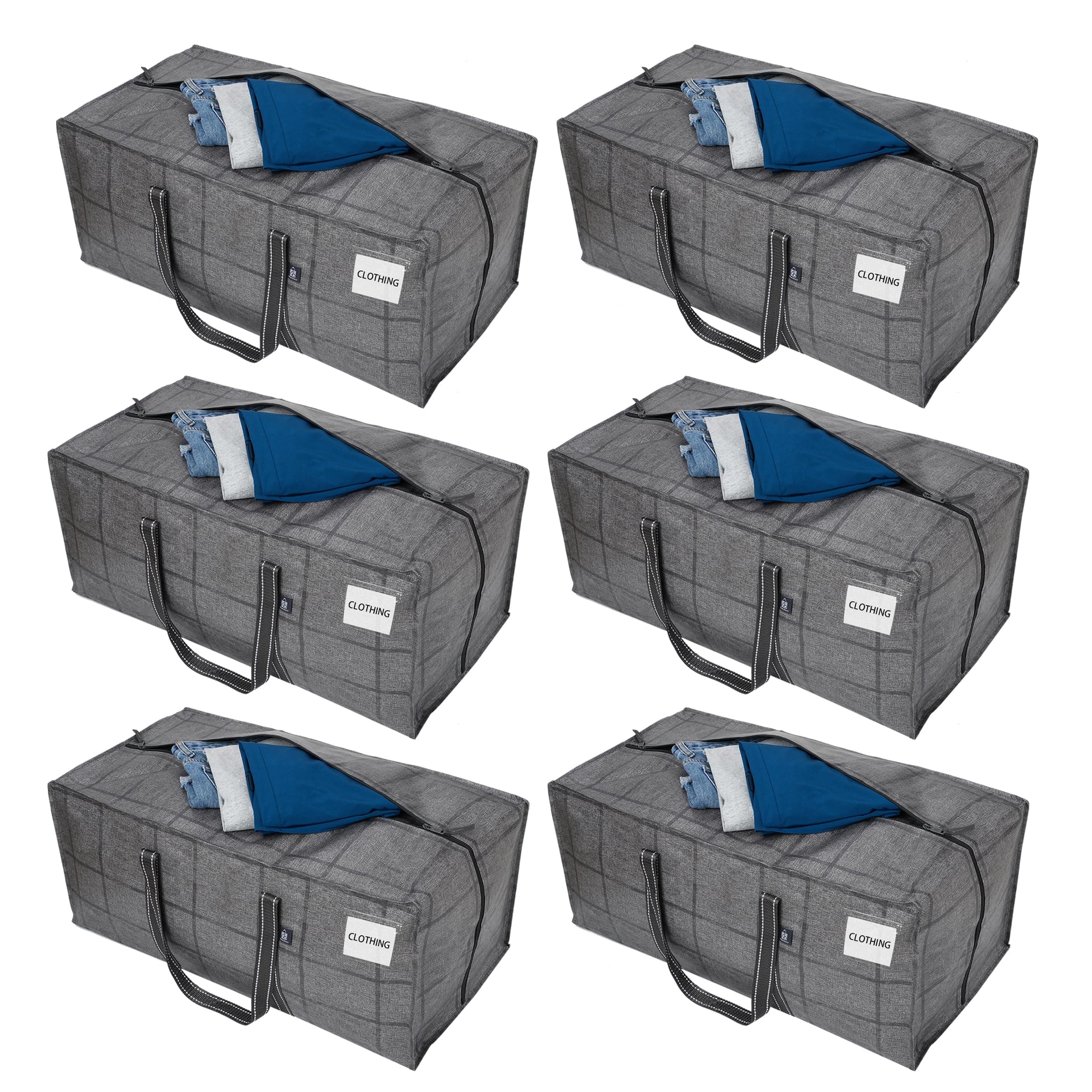 VENO 6 Pack Heavy Duty Extra Large Storage Bag, Moving Bag, Clothes Organizer, for Blanket, Comforter, Bedroom Closet, Dorm Room Essentials, Moving Supplies, Storage Tote (BLK Windowpane, 6 Pack)