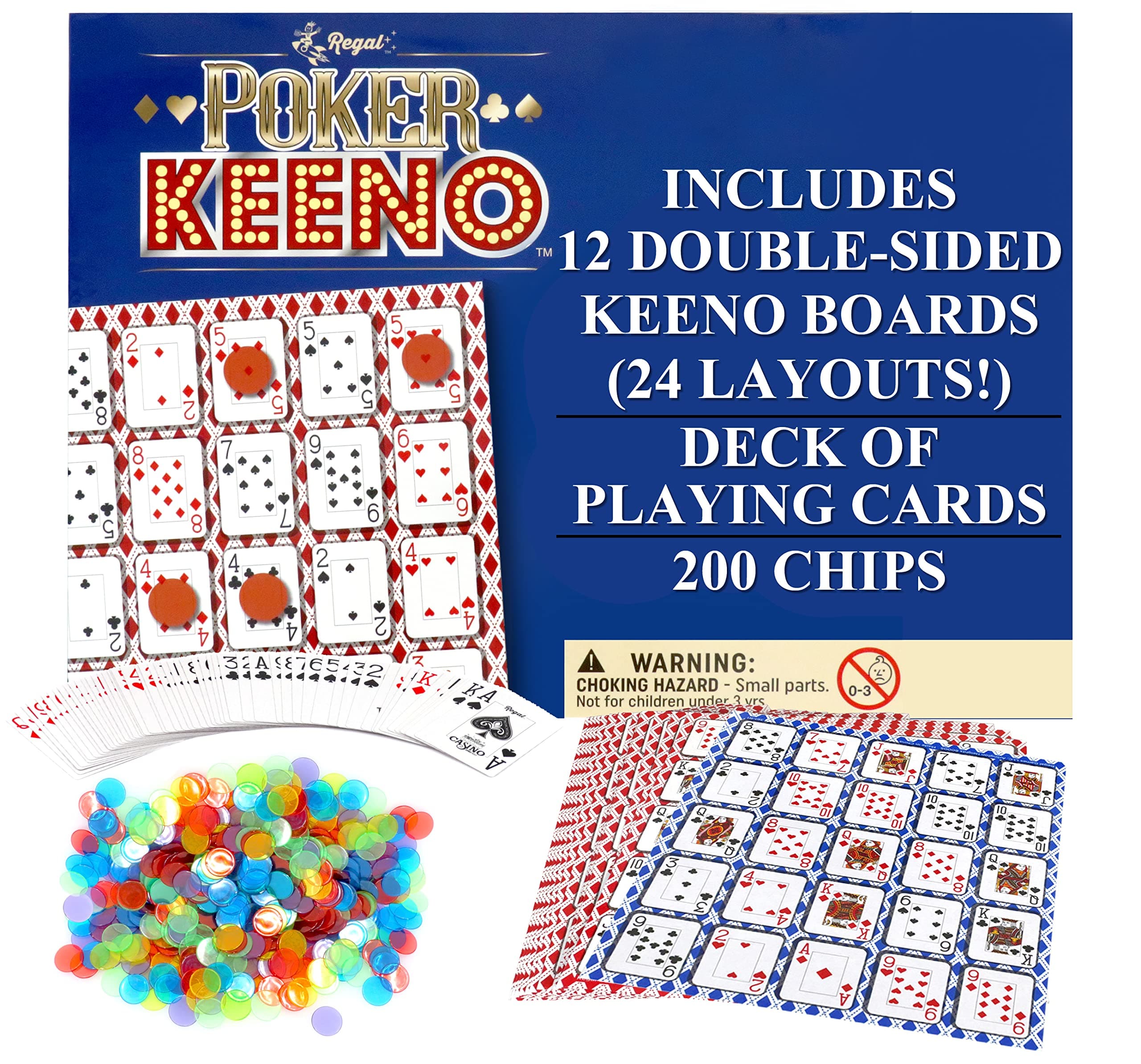 Regal Games - Poker Keeno Bulk Game Set - Includes 12 Two-Sided Boards, 200 Scoring Chips, 1 Deck of Standard Poker Cards - 24 Unique Board Layouts- Casino Night Card Game- Compatible with Poker Keno