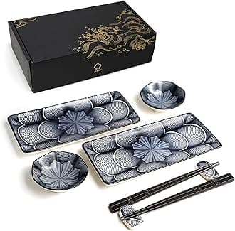 8 Piece Japanese Style Ceramic Sushi Plate Set 10-inch rectangle sushi dishes- 2 Sushi Plates, 2 Sauce Dishes, 2 Pairs of Chopsticks, 2 Chopsticks Holders
