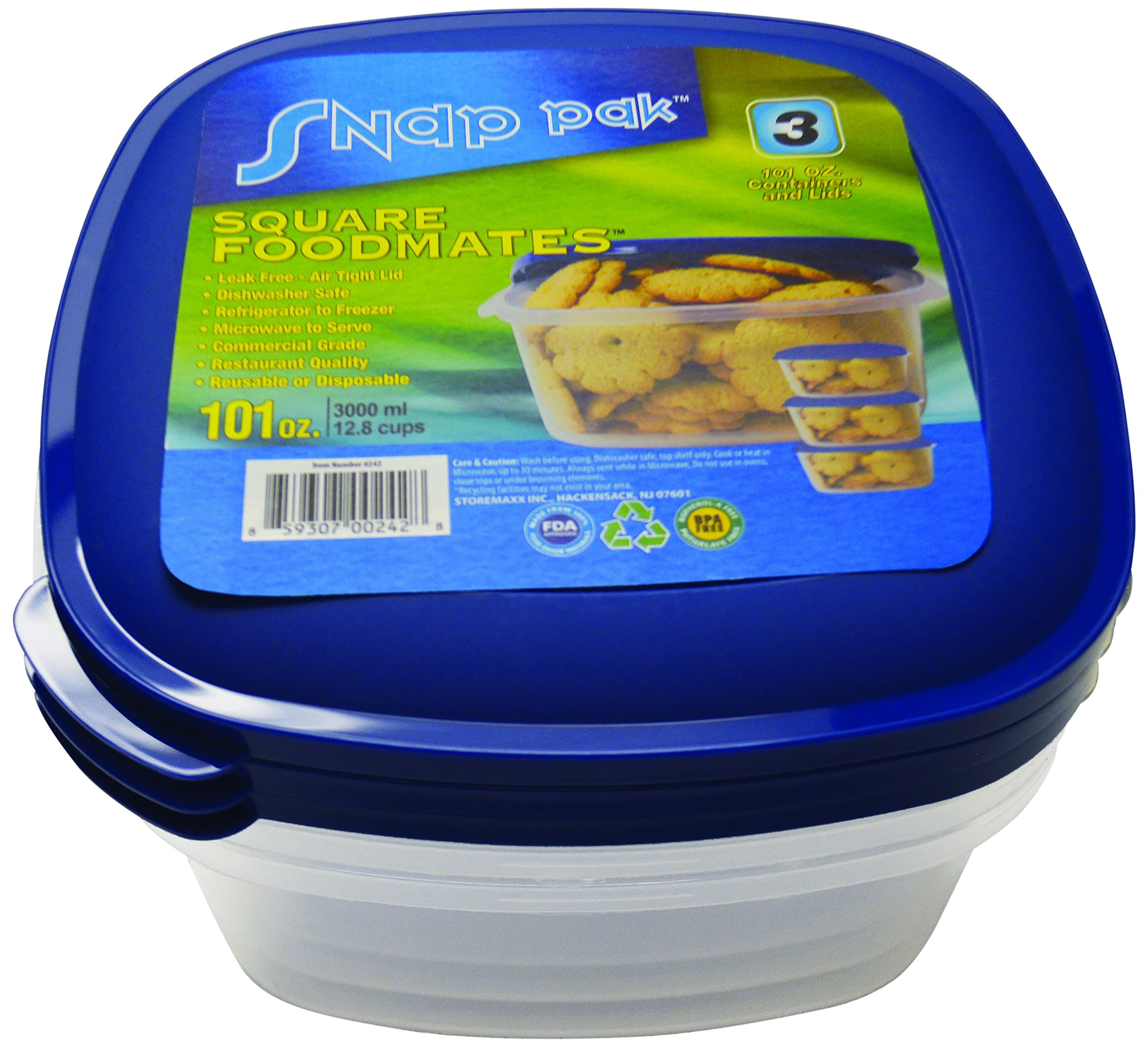 StoreMaxx Foodmates Square Container (3 Pack), X-Large 101 oz., Slate Blue Lid/Clear Base