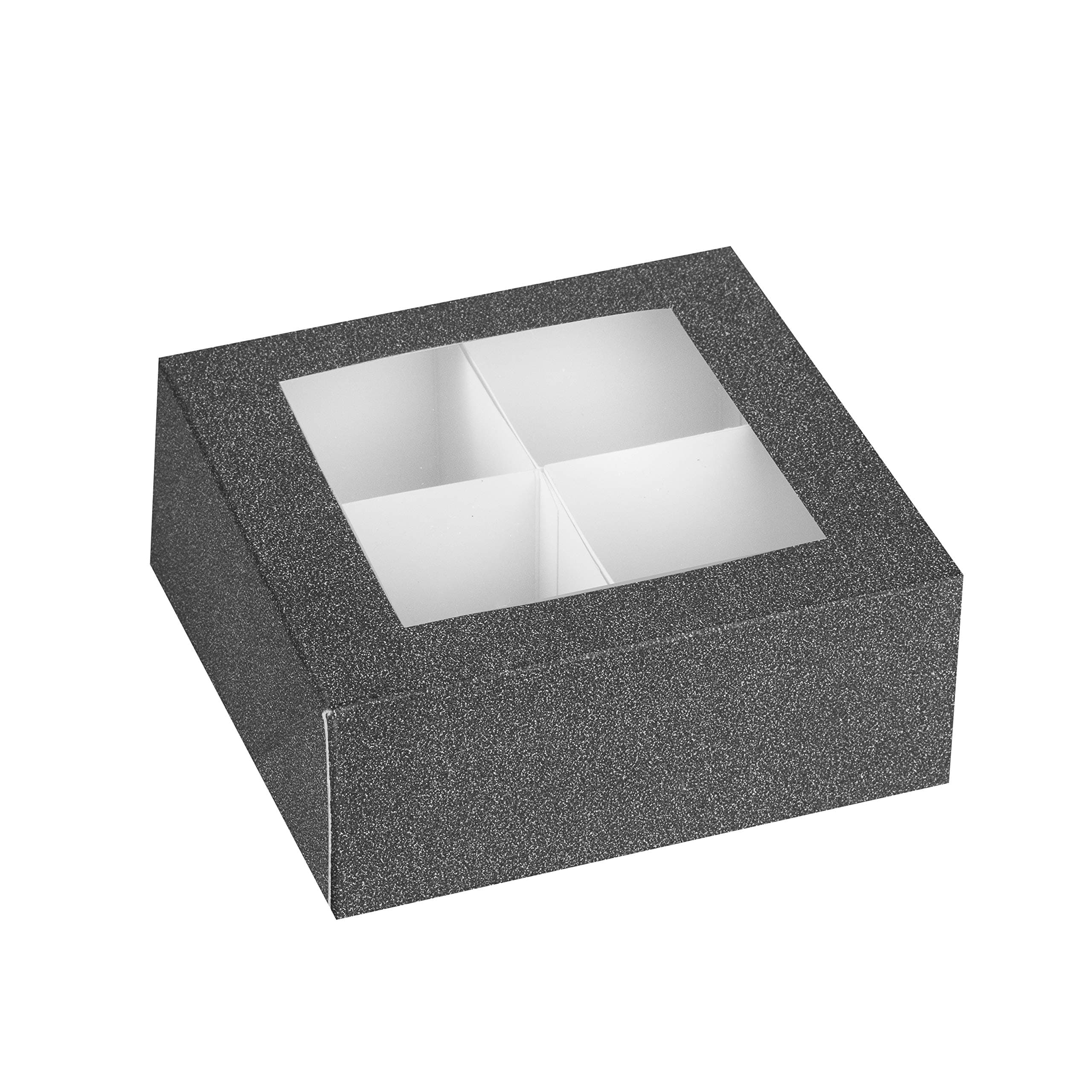 Hammont Window Box with Four Sections - 6 Pack - 6”x6”x2.5” - Black Colored Unique Design Bakery Boxes Perfect for Sharing Snacks and Cookies | 4 Insert Sections Gift Boxes