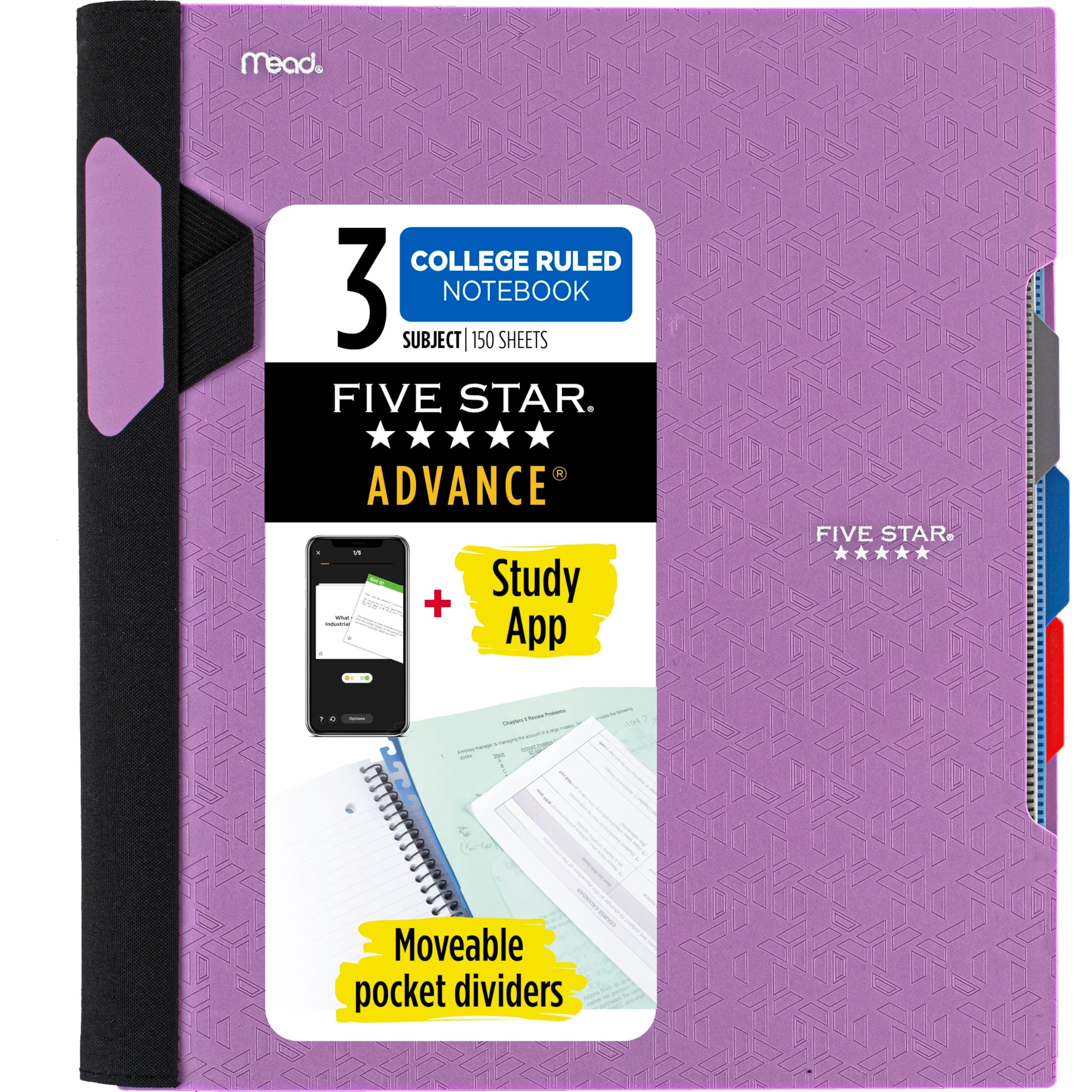 Five Star Advance Spiral Notebook + Study App, 3 Subject, College Ruled Paper, 8-1/2" x 11", 150 Sheets, Spiral Guard, Movable Tabbed Dividers, Amethyst Purple (820060G)