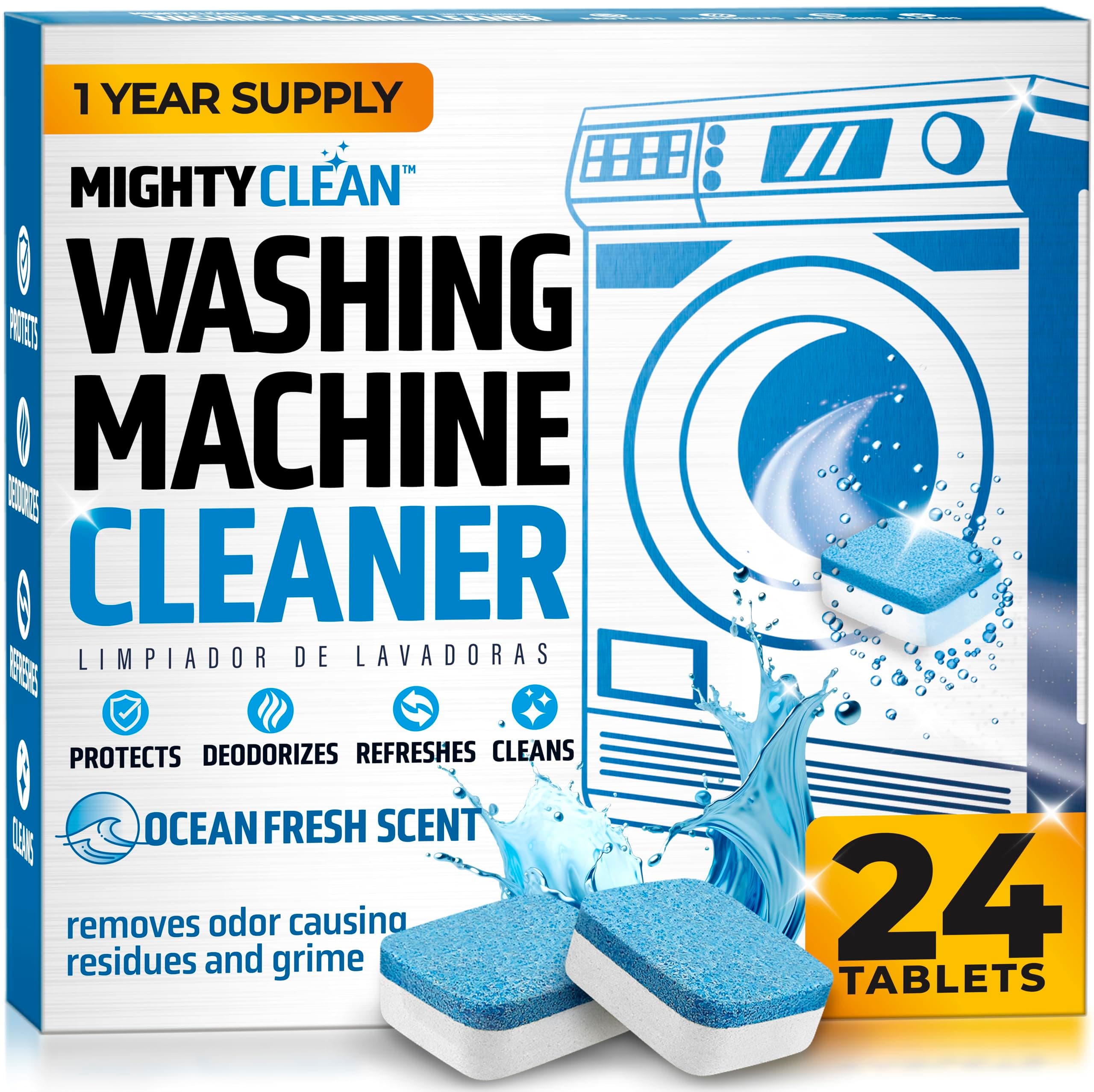 MIGHTY CLEAN Washing Machine Cleaner Tablets 24 Pack - 1 Year Supply, Septic Safe Washing Machine Cleaning Tablets, Washer Cleaner Tablet, Works with All Washers Including HE