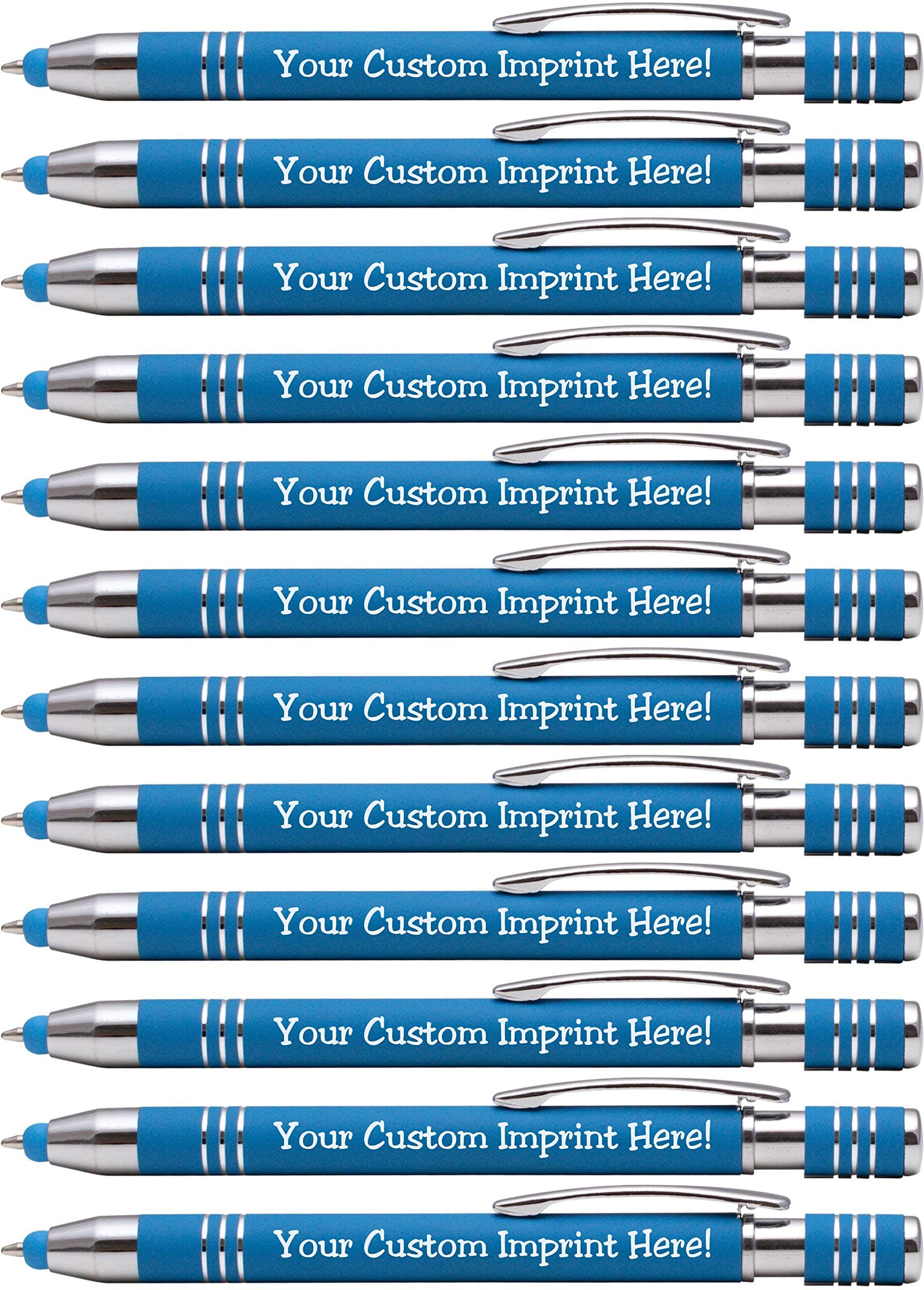 ExpressDesigns™ - Soft Touch Custom Pens with Stylus Personalized Metal Printed Name Pens - Black Ink - Imprinted Message of Choice - 12 pcs/pack (Aqua)