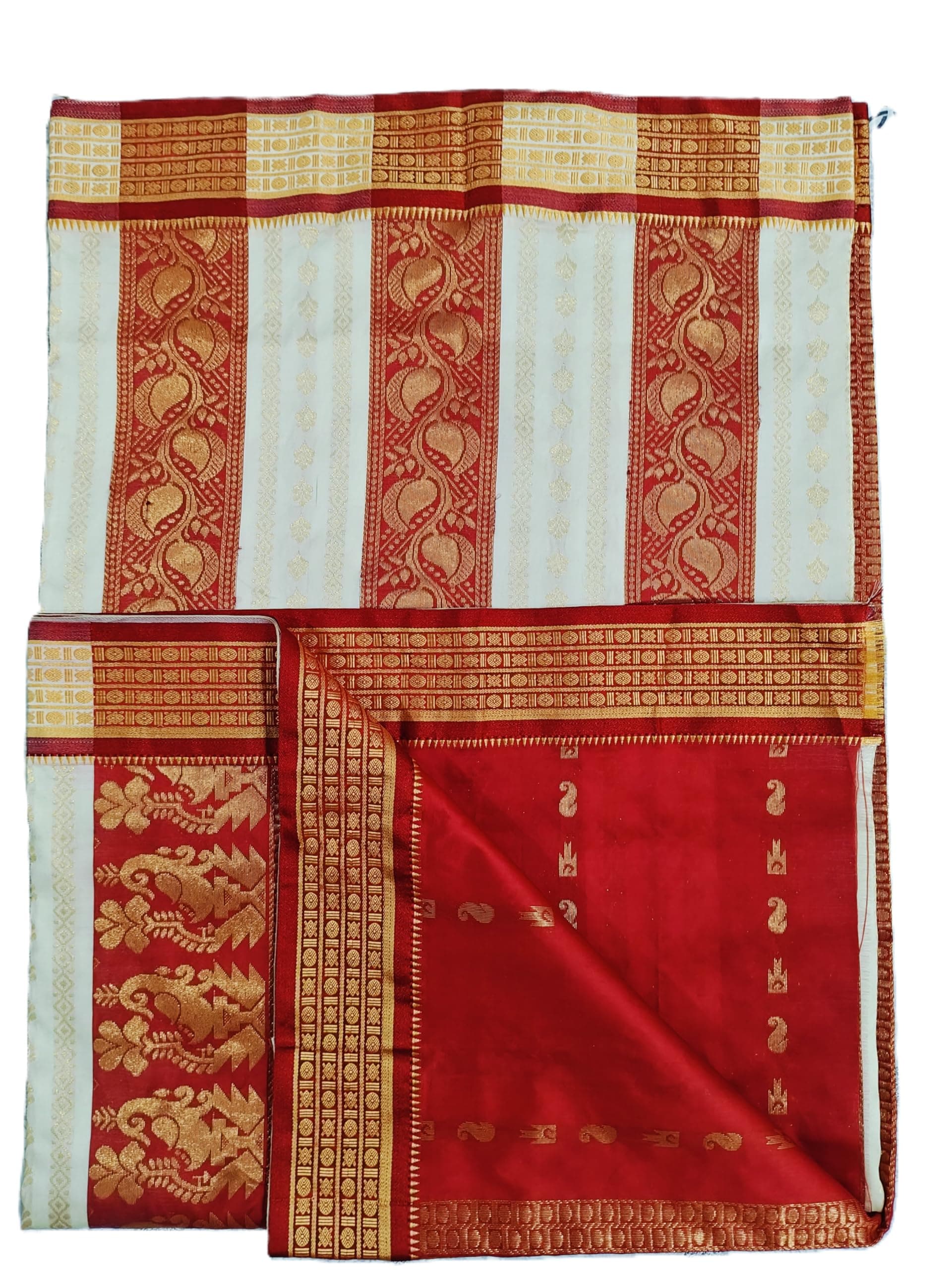 NEW COLLECTION Goroder Bengali Sarees for Women Traditional Durga Puja Red & White Garad Silk Safed Sadi Lal Border Paar Sada Banarasi Kanjivaram Gorod New Sari Woven Zari with Blouse Piece