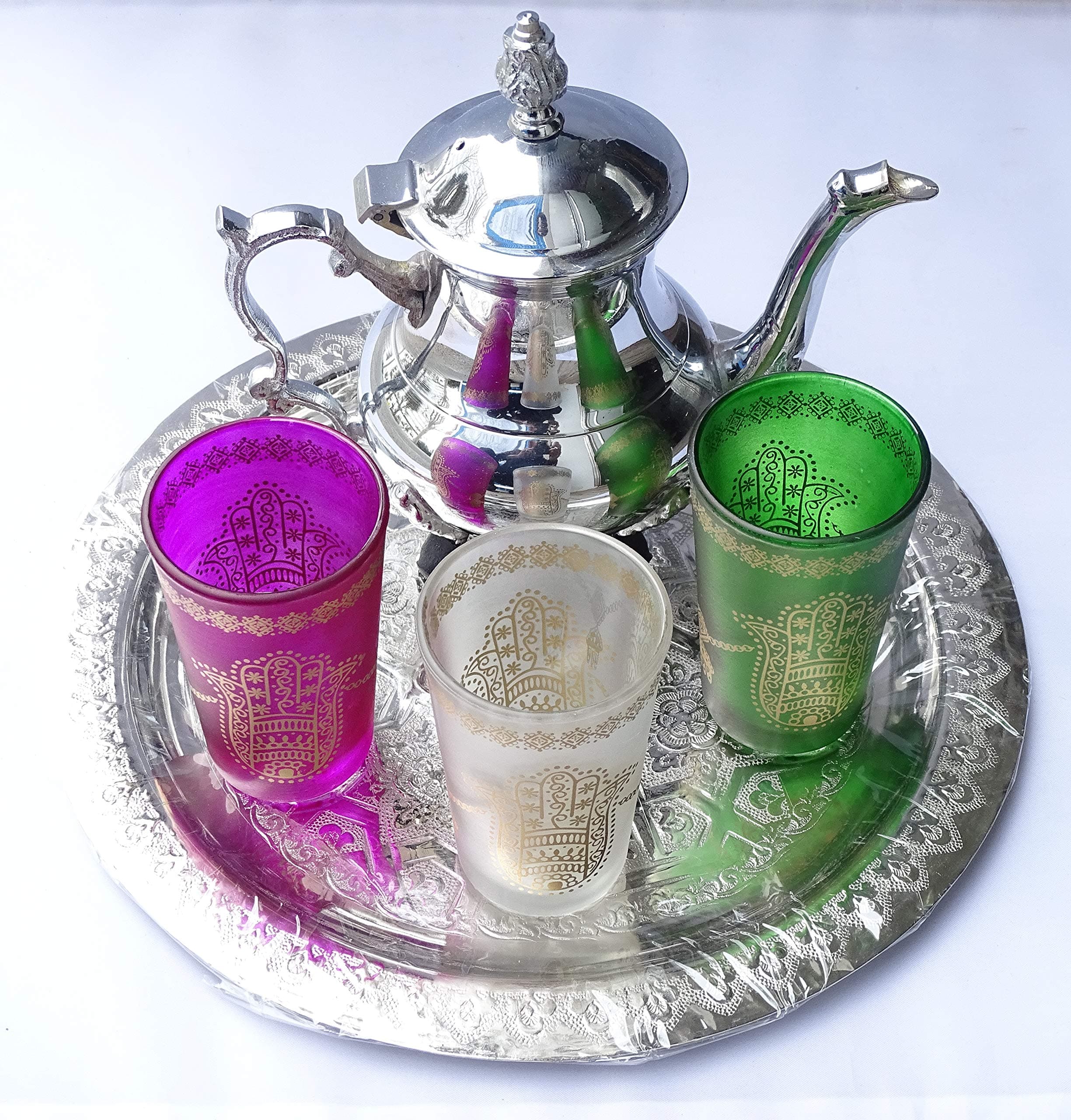 Kenta Moroccan Tea Set Embossed Tray 30 cm + 3 Multi-Coloured Cups + Small Teapot