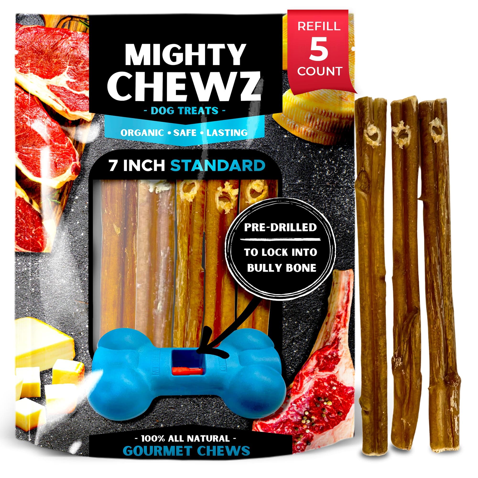 7" Standard Bully Sticks 5 Pack Refill - No Choking/All Natural Pizzle Sticks