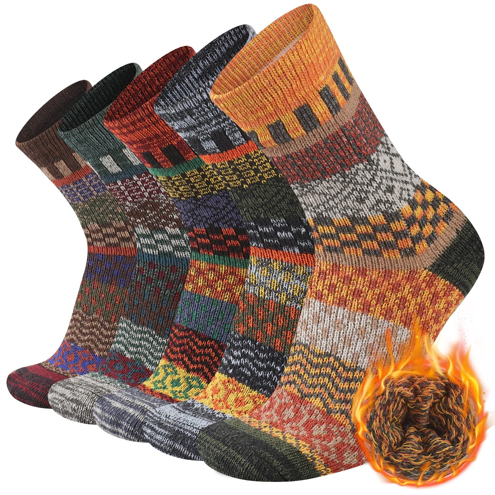 Mens Warm Wool Socks Thermal Winter Thick Crew Pattern Socks Cold Weather 5 Pairs