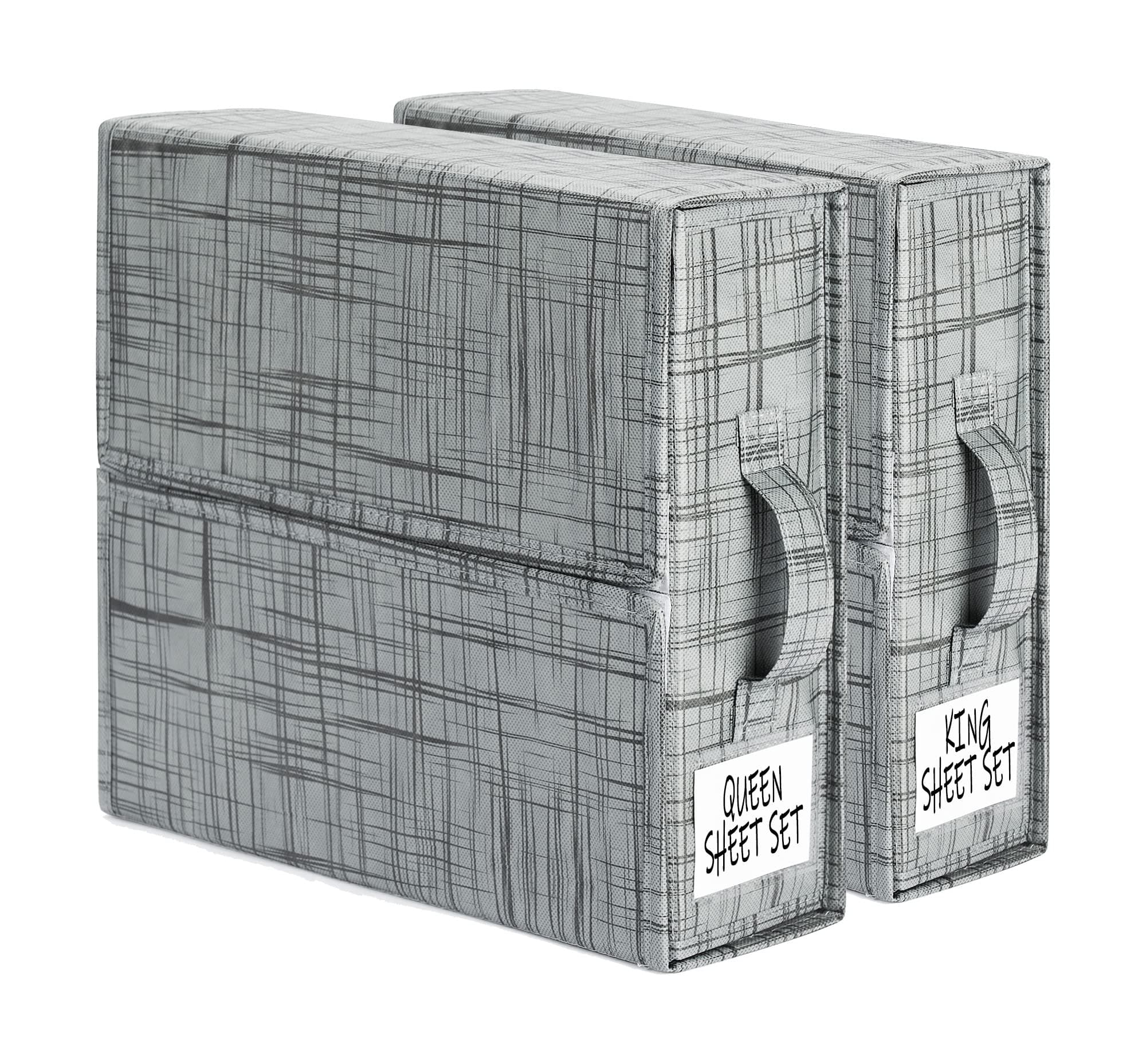 SUOCO SheetCube Foldable Bed Sheet Set Organizer 2 Pack (Queen or King Size), Fabric Storage Bins for Bed Sheets, Duvet Covers and Pillowcases, Linen Closet Organizer for Bedding Clothes Towels