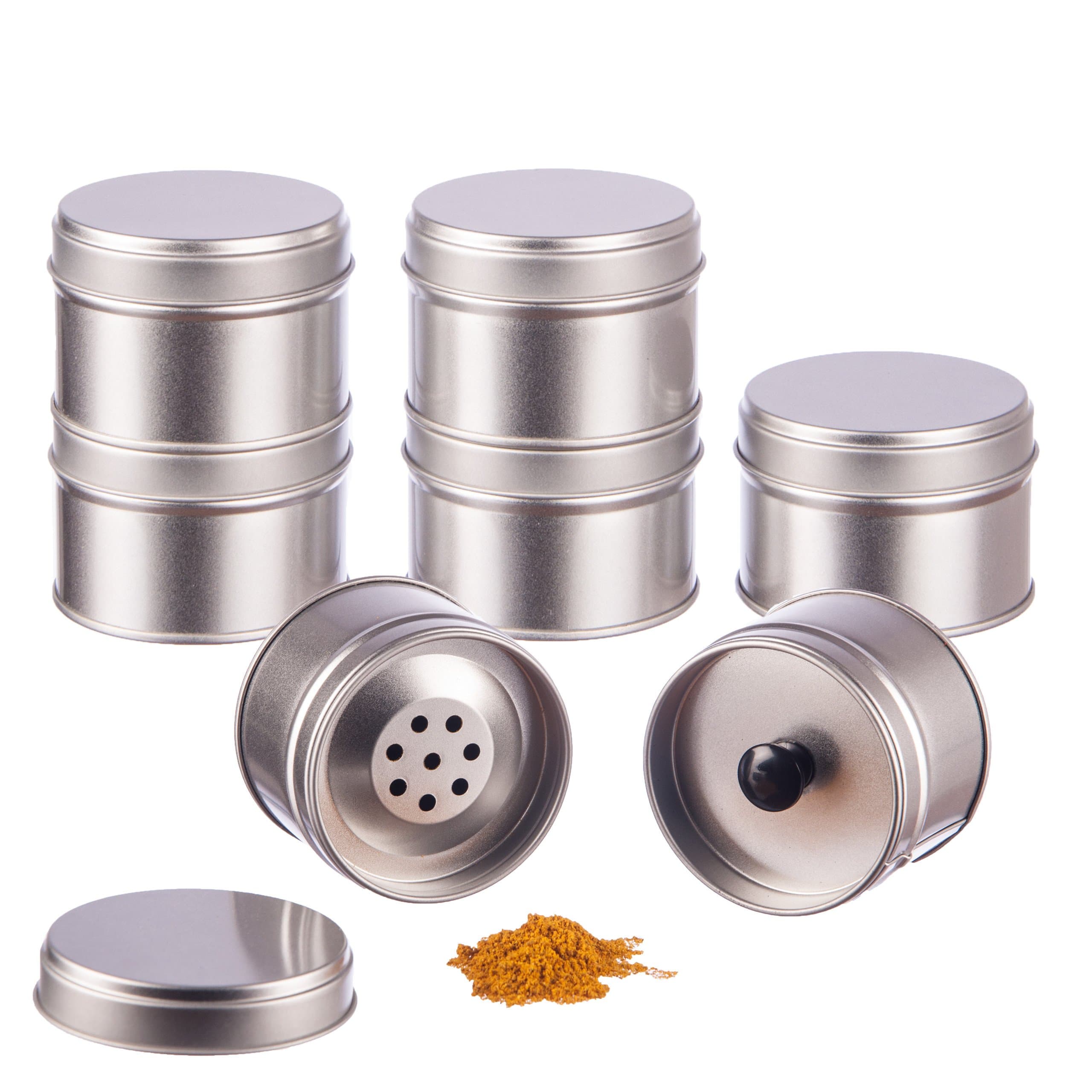 12 small condiment tins with extra lid + 2 sprinkler inserts, diameter 6.6 cm, height 4.6 cm, stackable, includes 12 labels