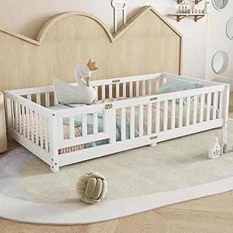 Twin Floor Bed with Slats, Fence and Door, Twin Size Montessori Floor Bed for Kids, Girls, Boys, Easy Assemble Montessori Bed Frame(Twin White)