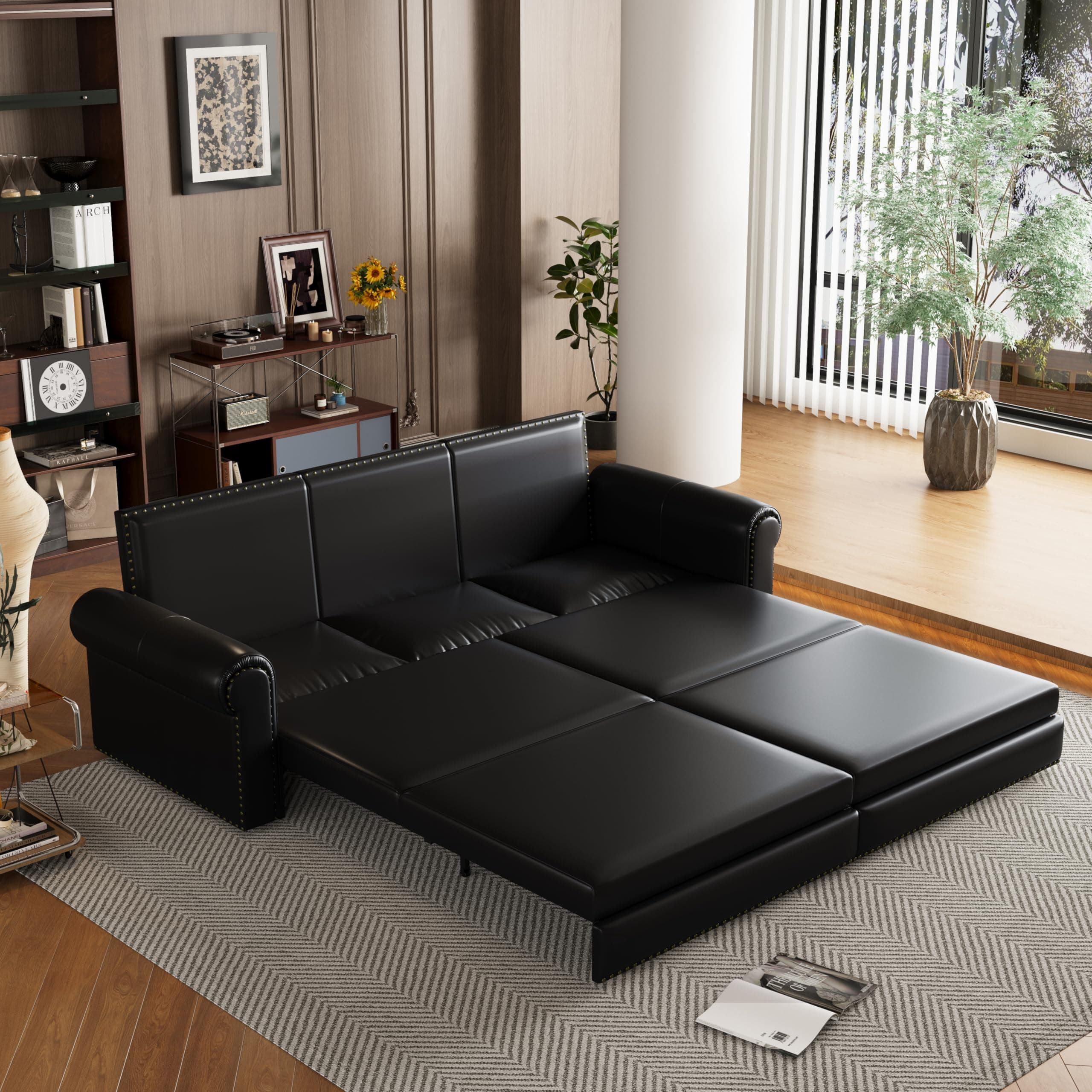 93.7" Pull Out Sofa Bed King Size with Pillows,3-in-1 Convertible Sleeper Couch with Nails Trim,PU Leather 3 Seater Sofabed for Living Room,Black