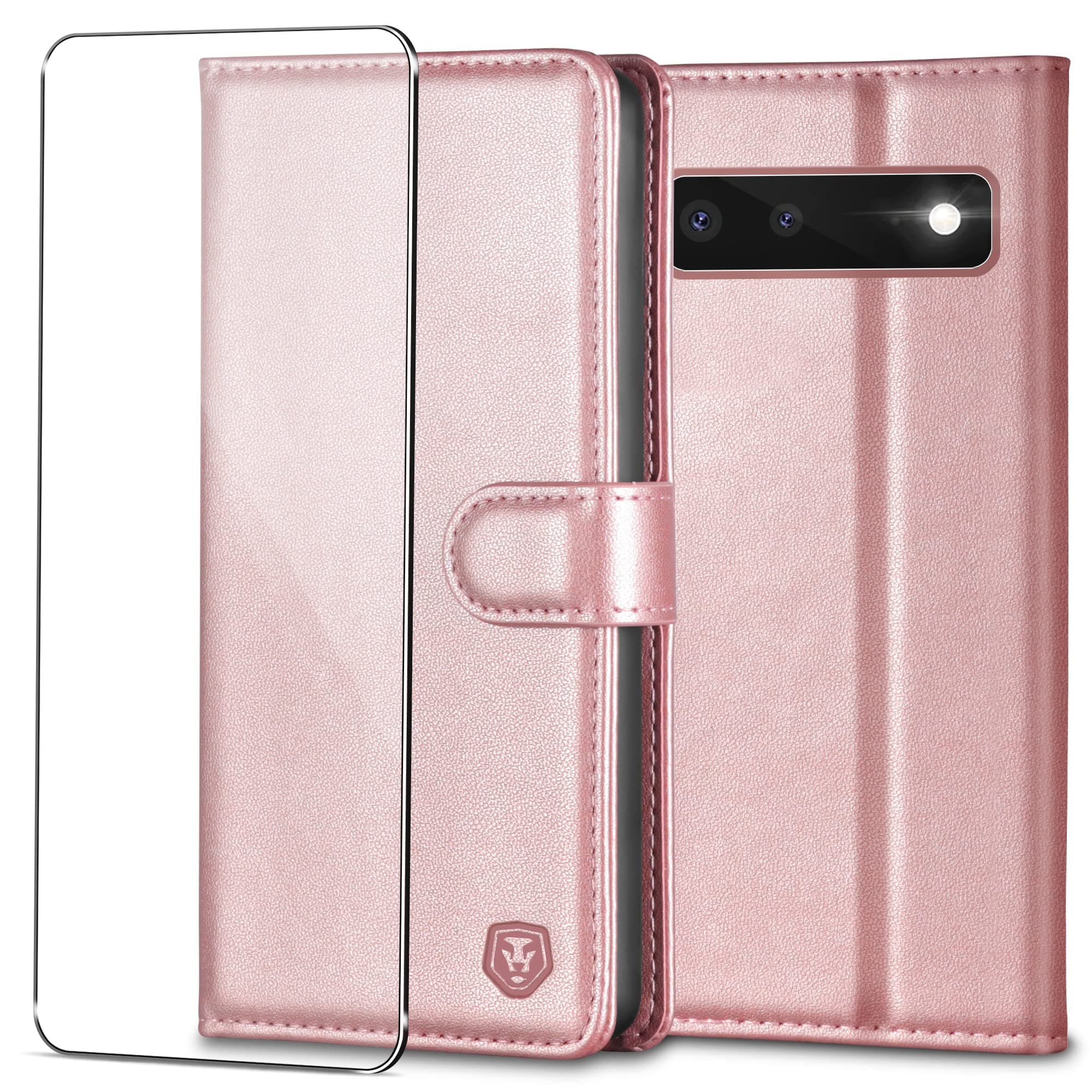 Kuafcasefor Google Pixel 6 Case with 1 Screen Protector, Wallet Leather Flip Case with 4 Card Slots Magnetic Closure Kickstand Shockproof Phone Case for Google Pixel 6 - Rose Gold