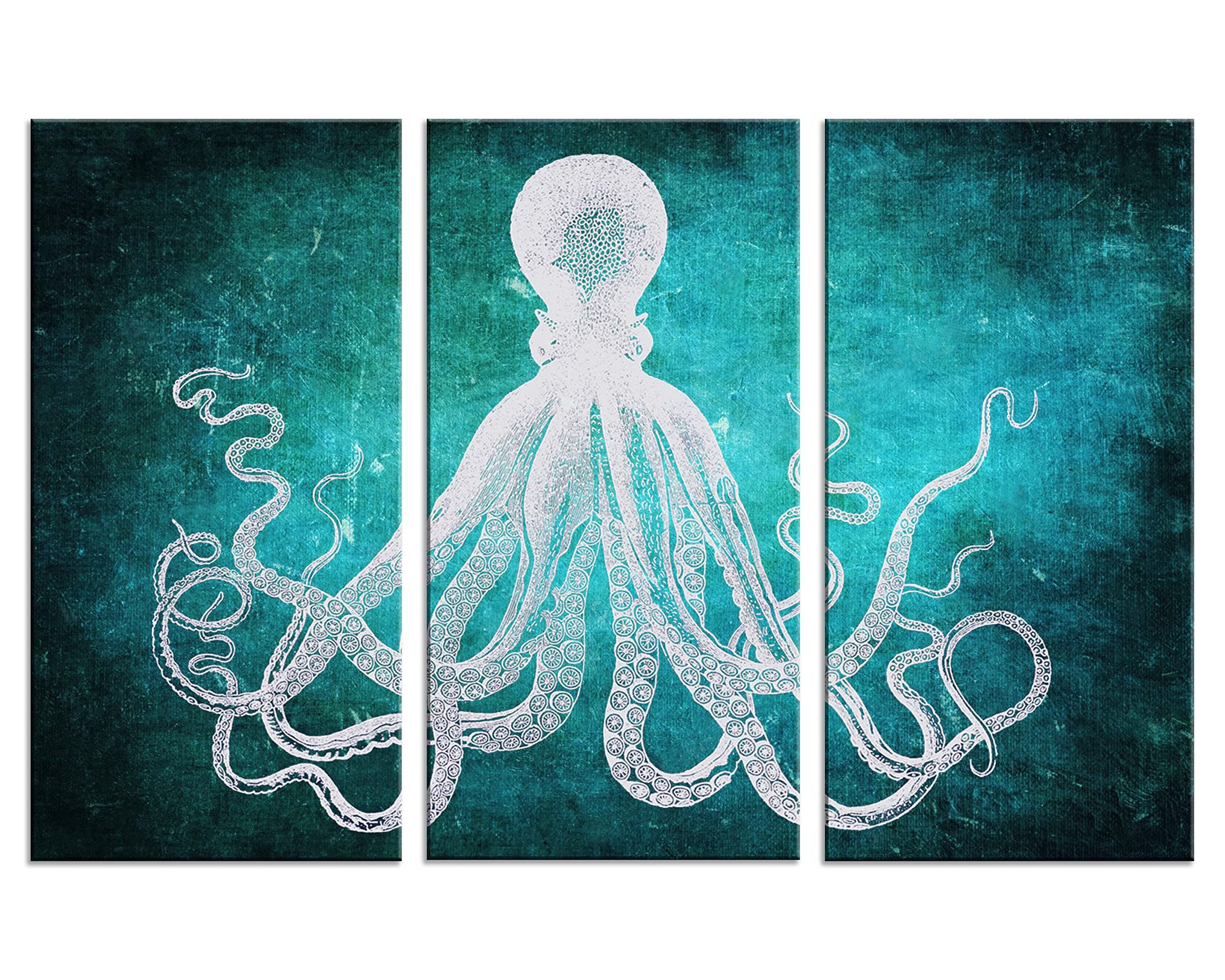 NAN Wind Modern Octopus Canvas Wall Art 3 Panel Framed Nautical Decor Ocean Life Themed Gallery-Wrapped Art Print Ready to Hang Octopus Framed Artwork Marine Life Decor for Living Room Bedroom Office