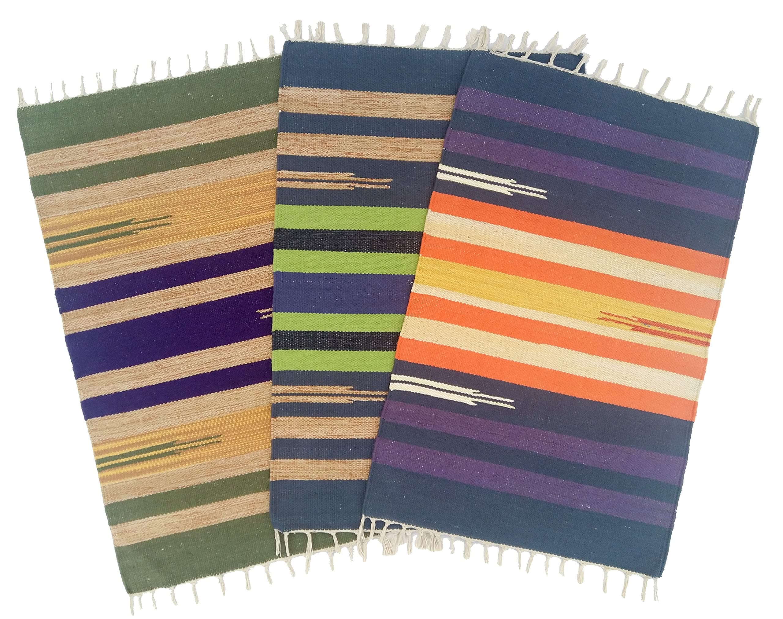 H2H Rectangular Door Mat, Cotton, 3Pc. Combo, Traditional Kilim Design|Solid Shade - Multicolored, Size (50X80Cm) - Side Fringes