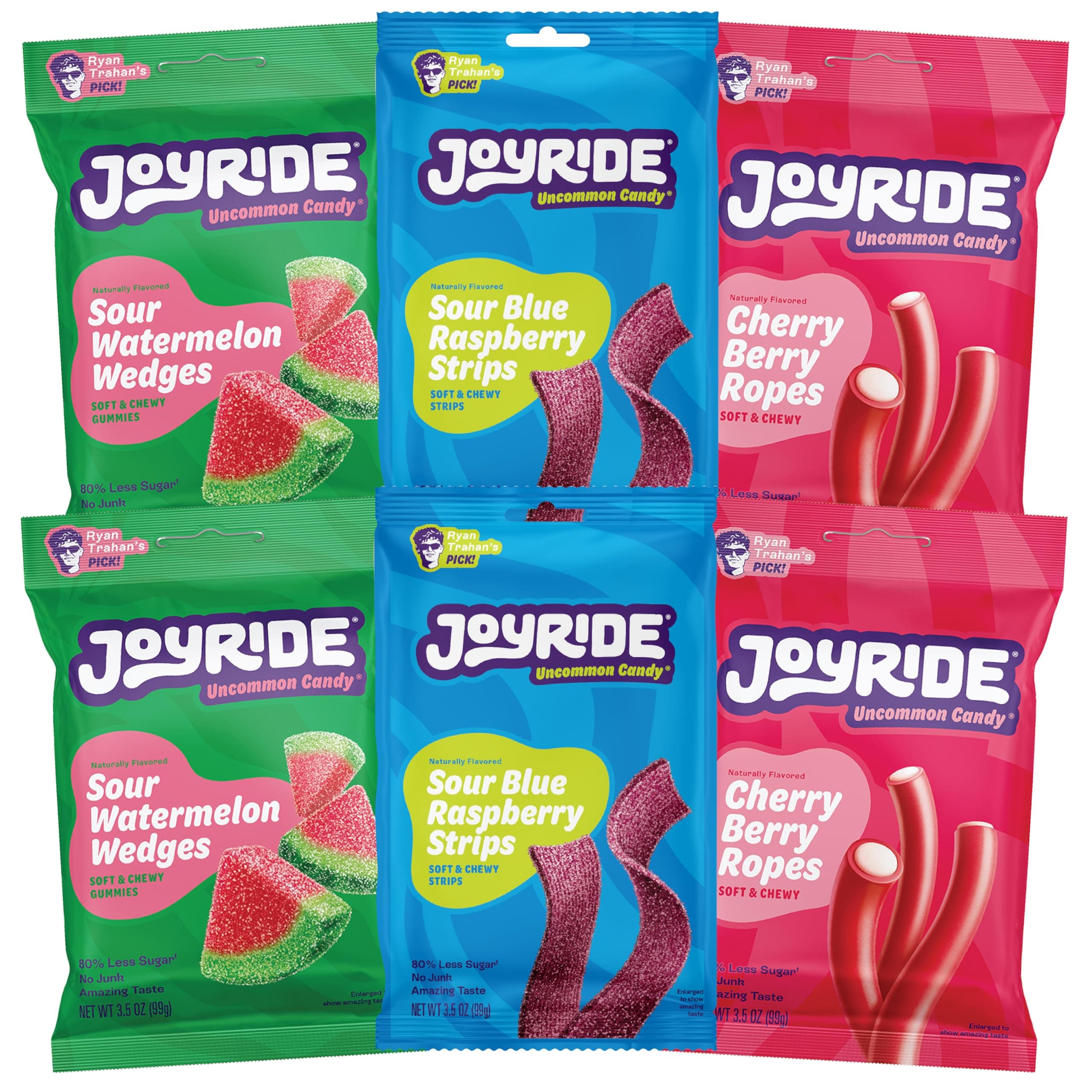 JOYRIDE Fan Favorite Variety 6 Pack - Blue Raspberry Strips, Cherry Berry Ropes, Watermelon Wedges, Low Calorie Gummy Candy, Low Sugar, Dye Free (6 Items)