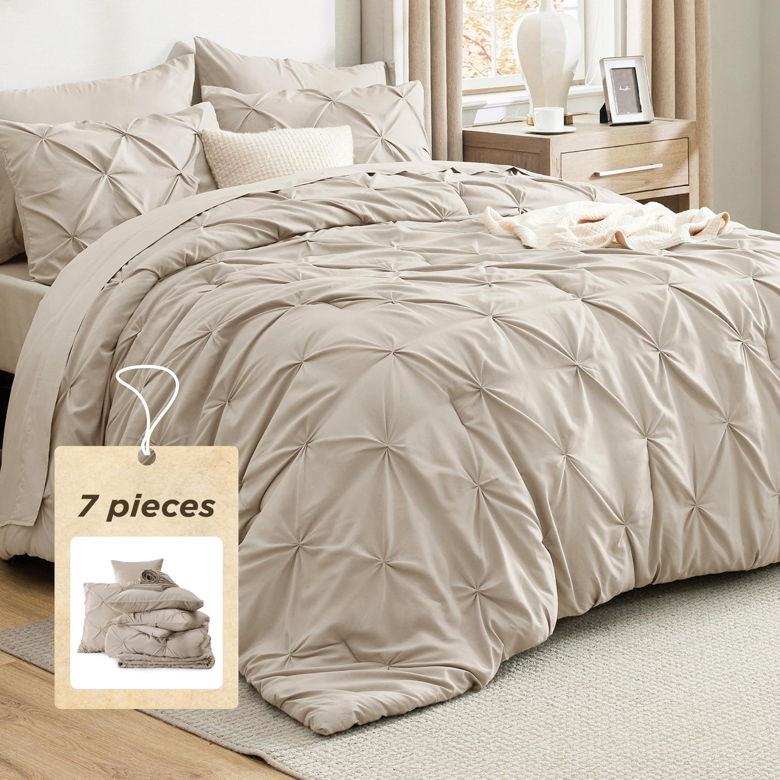 Bedsure Queen Comforter Set Beige - Bed in a Bag Queen Size 7 Pieces, Pintuck Bedding Sets Gift for Christmas, Beige Bed Set with Pinch Pleat Queen Size Comforter, Sheets, Pillowcases & Shams