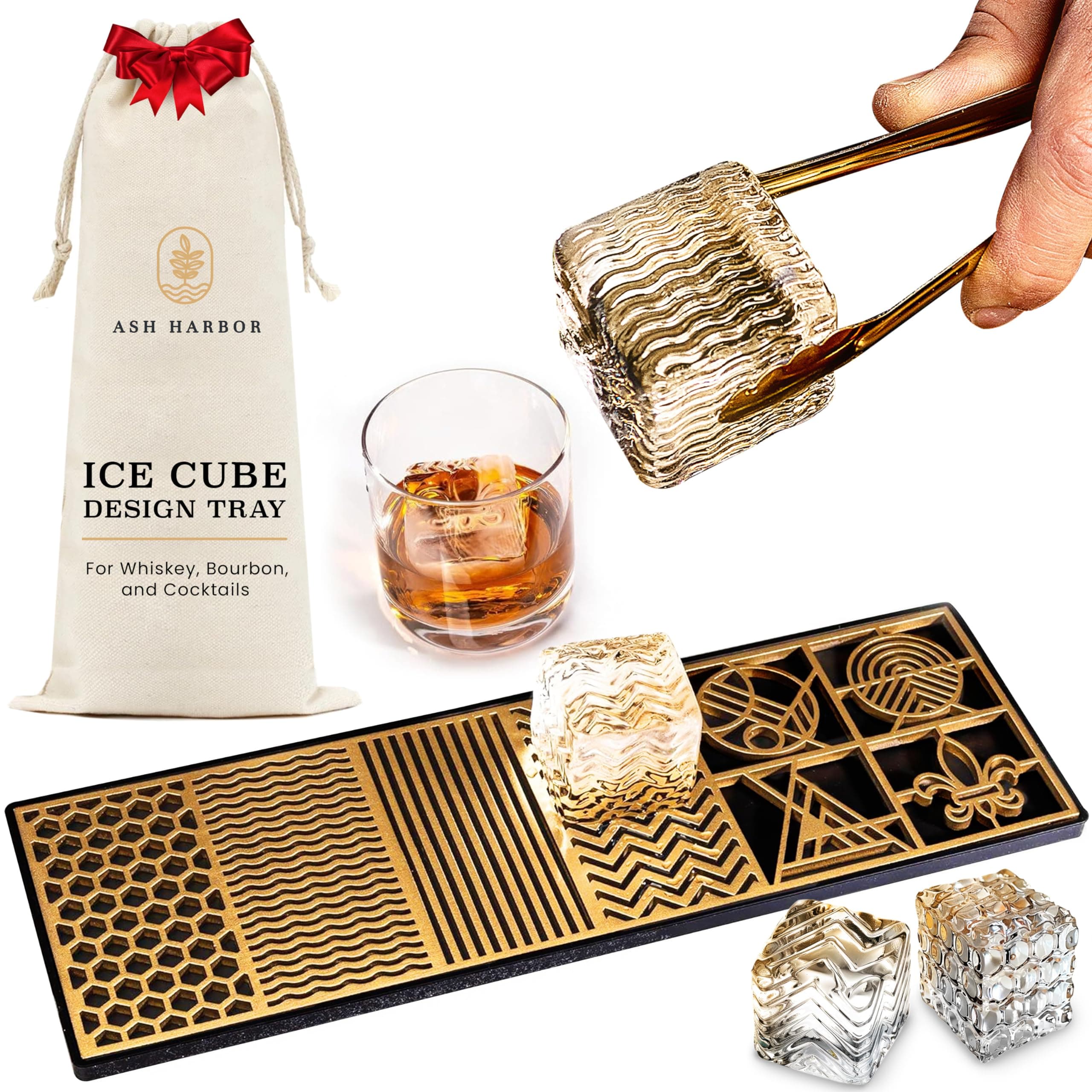 Clear Ice Cube Maker Design Tray - Craft Modern Ice Molds for Bourbon & Cocktails in 5 Seconds - Whiskey Mold Cube Stamp – Bartender Accessories - Copper Ice Press Cocktails by Ash Harbor (Patterns)