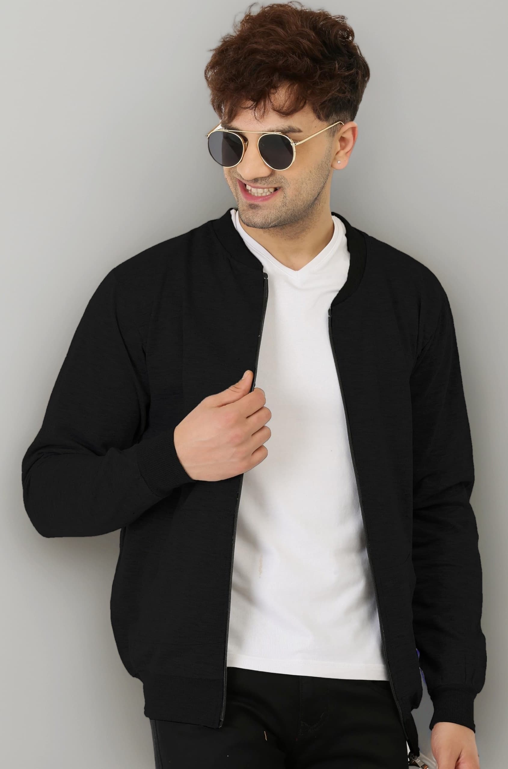 CASUAL JACKET For Men's Regular Fit Full Sleeve Loopknit Jacket (Color: Black)