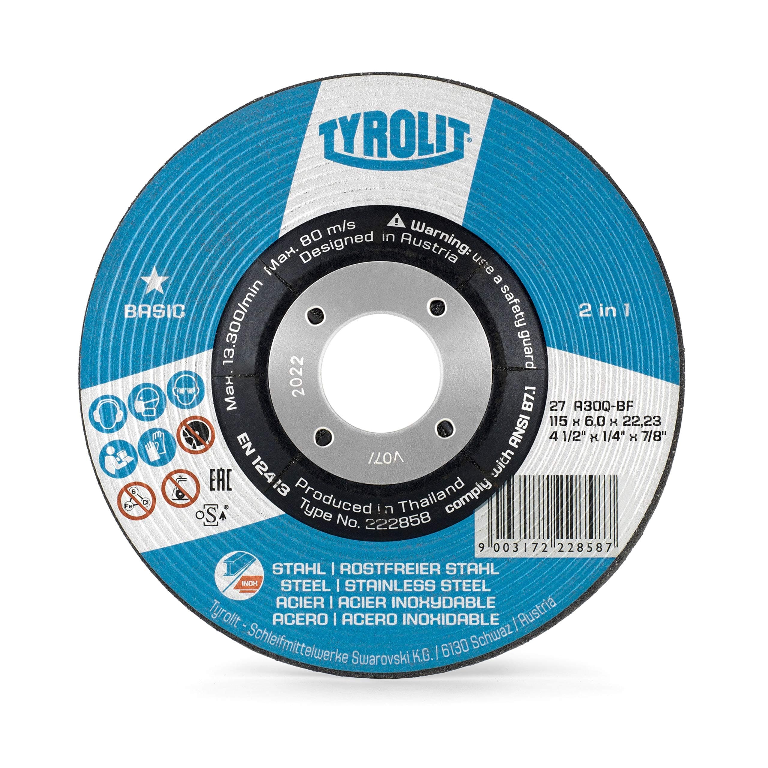 TYROLIT 222858 BASIC 2in1 Rough Grinding Wheels for Steel, Stainless Steel, 115mm Metal Cutting Discs, Angle Grinder Discs, 115 x 6 x 22.23 mm, 10-Pck