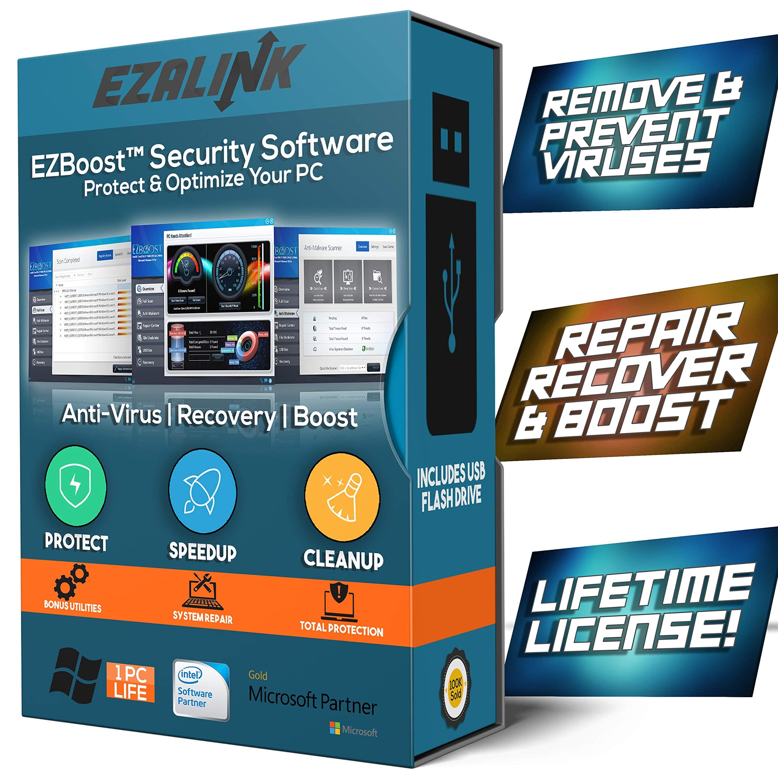 Total Security Antivirus Software for Windows 2019 - Virus Protection, Removal, Scanner with PC Optimizer Tune Up Tools - USB by EzaLink (Pro Lifetime License Key)