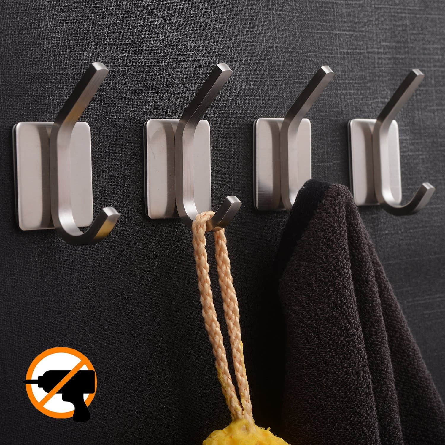 3M Self Adhesive Hooks Coat/Robe Hat Clothes Bathroom Wall Door Towel Hooks Kitchen Cabinet Brushed Stainless Steel 4 Pack