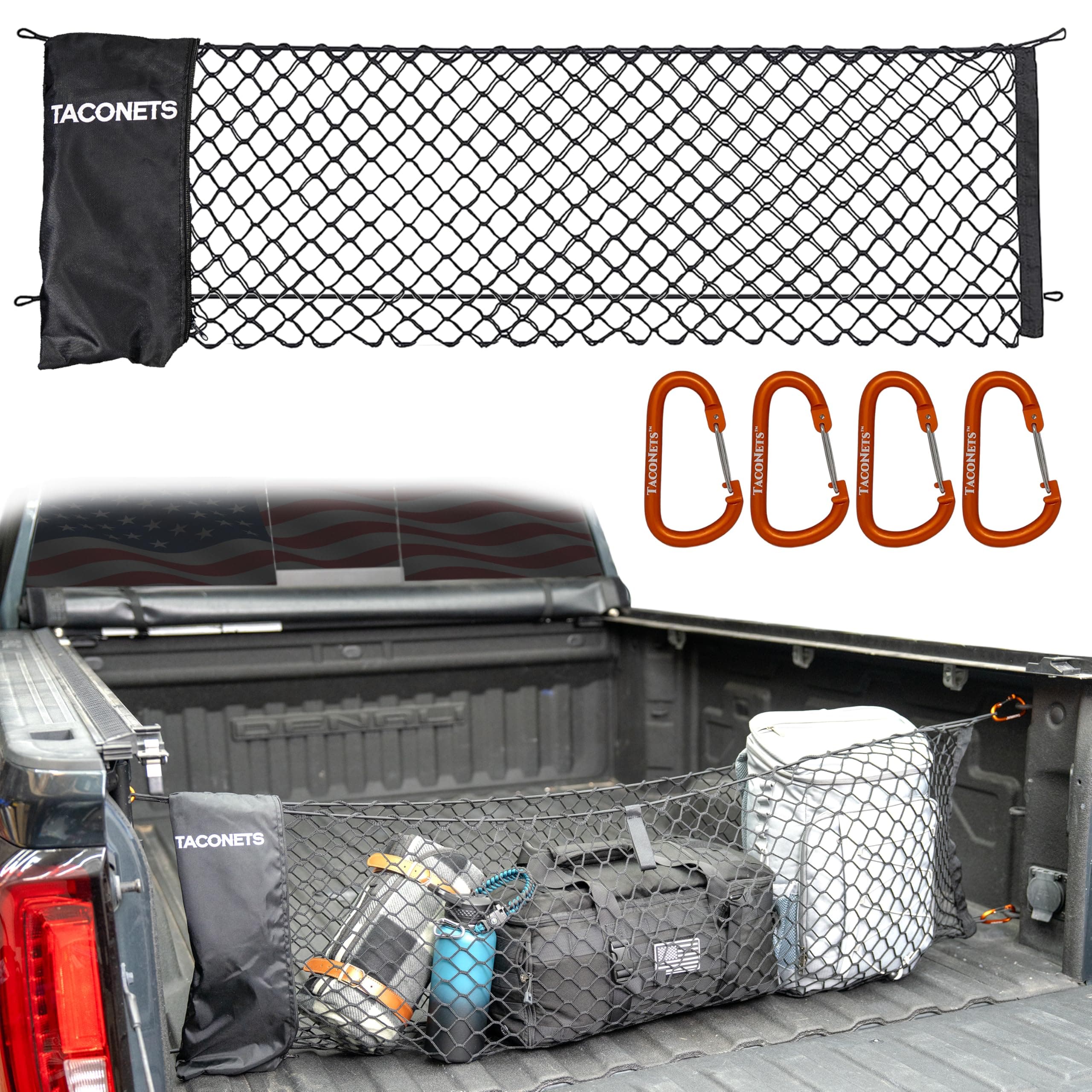 Envelope Cargo Net for GMC Sierra & Chevy Silverado - Fits 2013-Current - Upgraded 5mm Bungee - Integrated Storage Bag - Heavy Duty Carabiners - Designed in USA