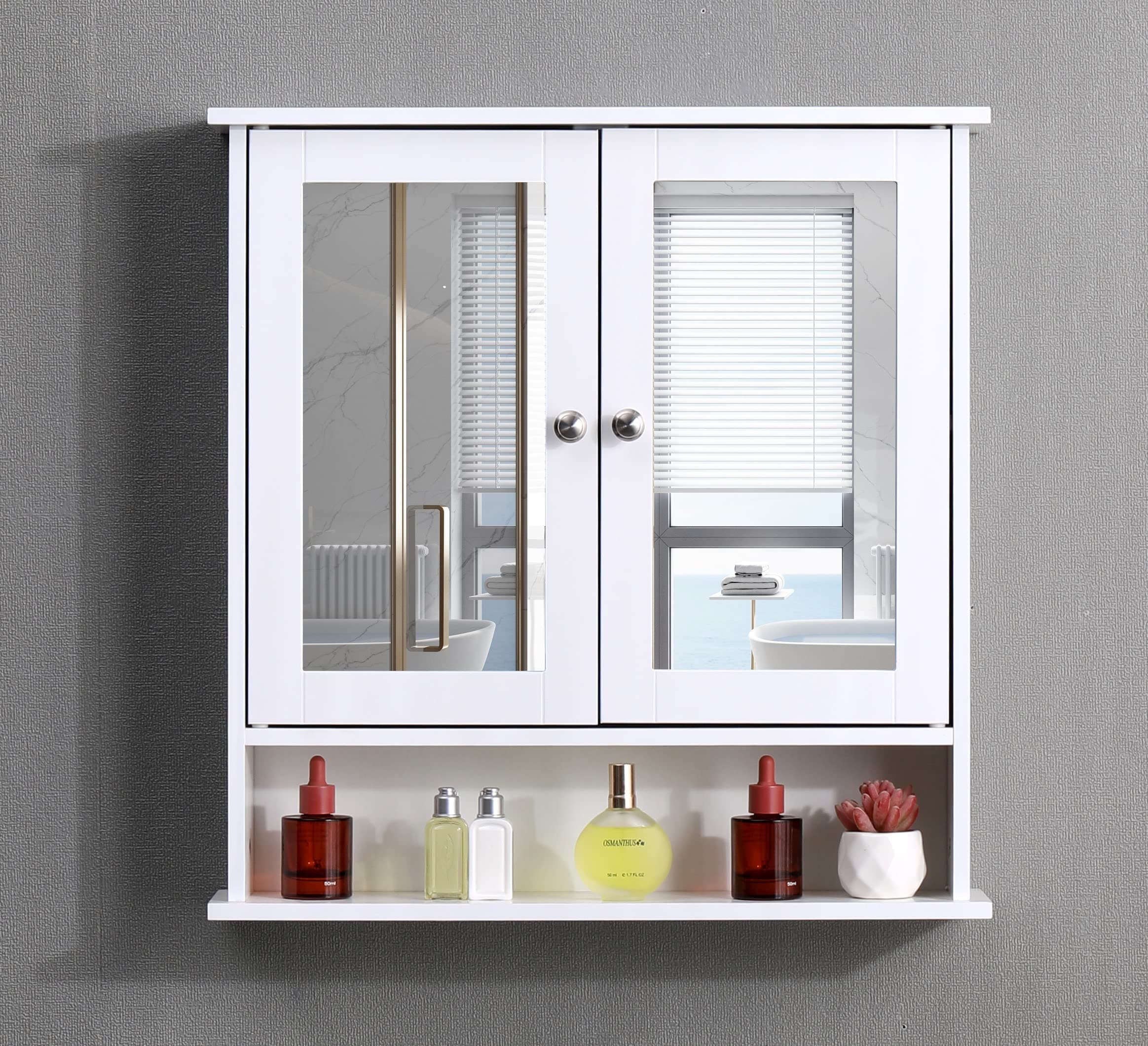 White Bathroom Wall Cabinet with Mirrored Double Doors Storage Cupboard MDF & Shelves