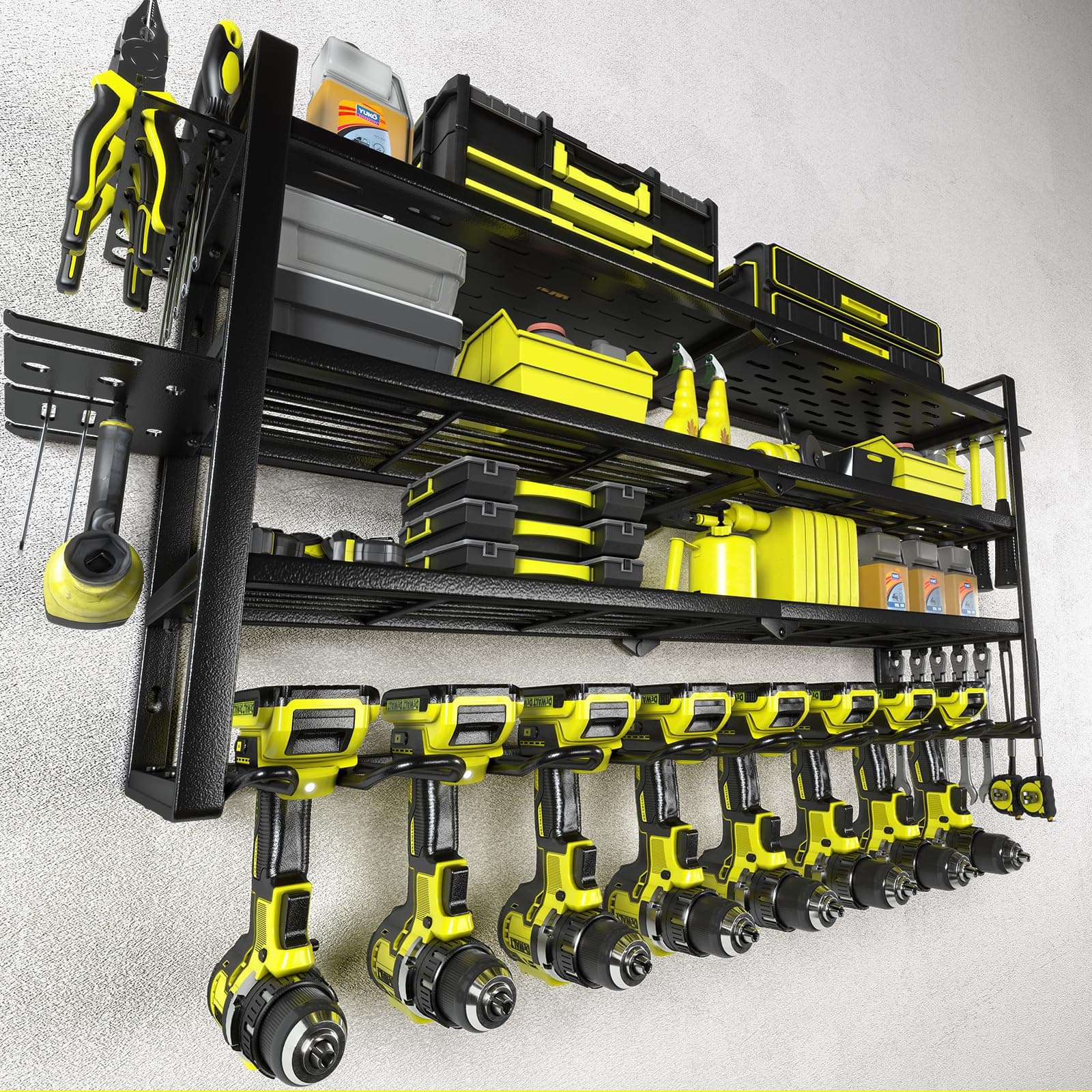KAFAHOMPower Tool Organizer-8 Drill Holder Wall Mount,Tool Organizer and Storage rack for Garage Organization, Heavy Duty Metal Tool Shelf with Air tool/Screwdriver/Hammer/Plier Holder