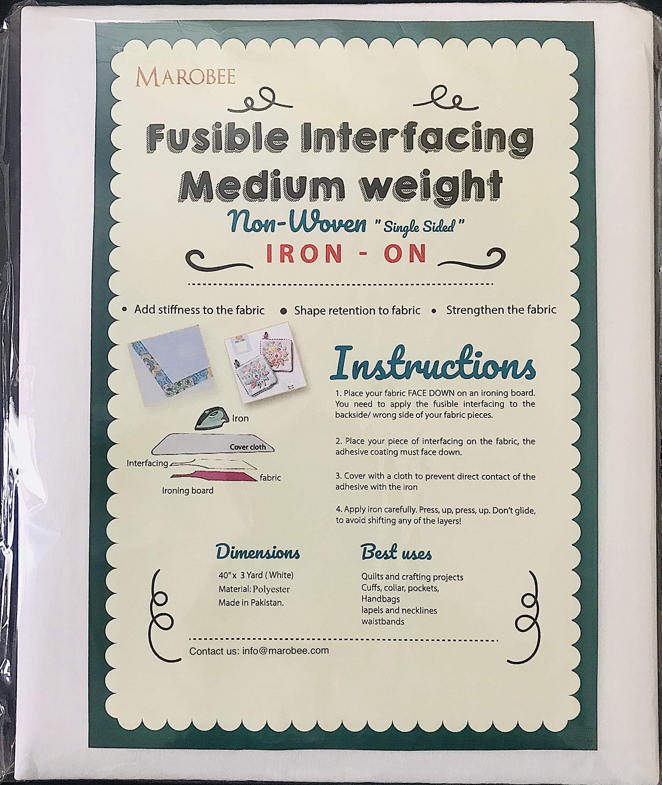 Medium Weight Iron On Fusible Interfacing for Sewing Projects, (40 Inch x 3 Yard) White Non-Woven, One Sided
