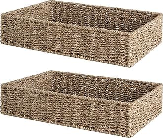 StorageWorks Large Seagrass Tray for Bathroom, Seagrass Storage Baskets for Shelves, Handwoven Natural Wicker Baskets for Organizing, 2-Pack