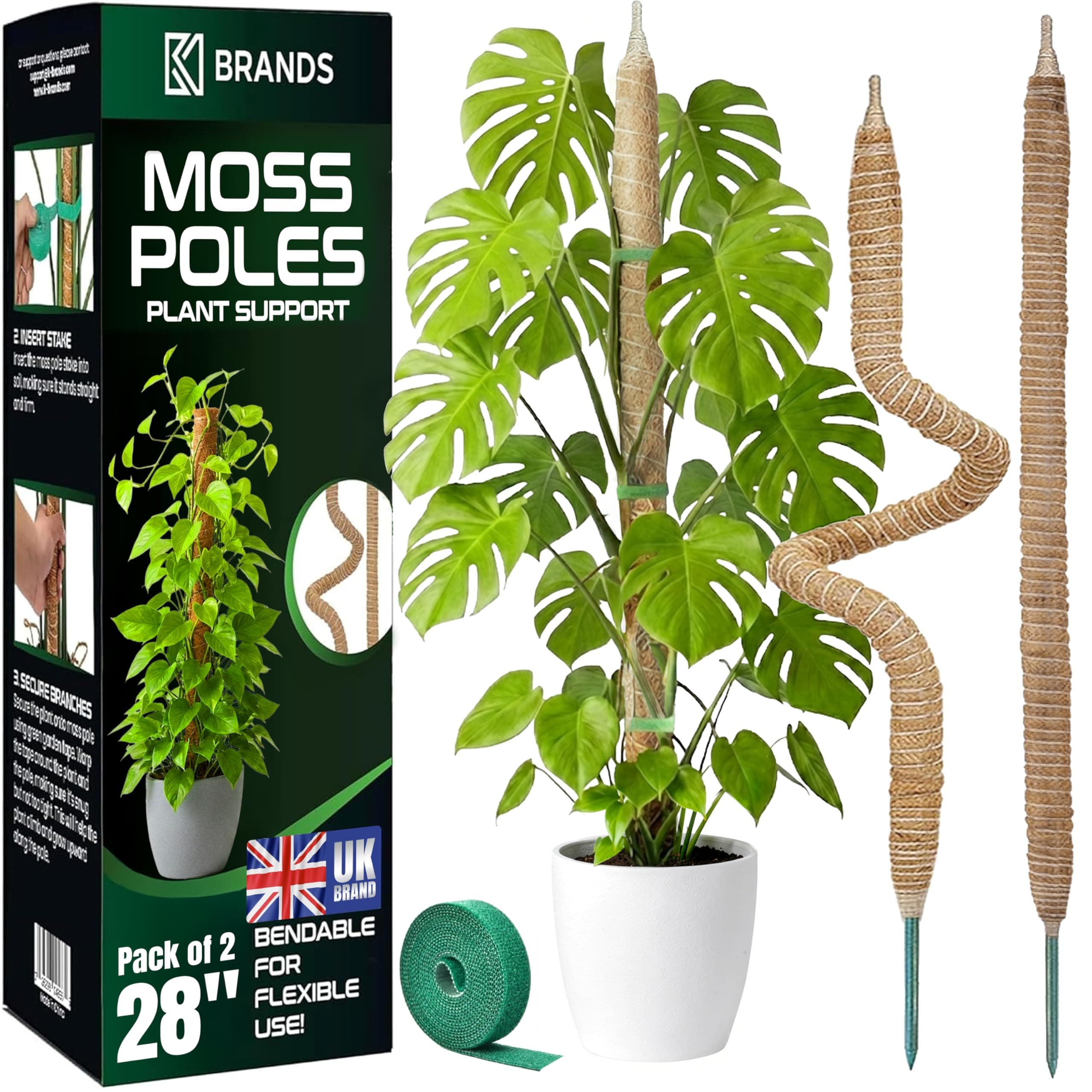 K-Brands Moss Pole 2 Pack - 25'' Bendable Moss Poles for Monstera & Climbing Plants - Indoor Plant Support Stakes, Trellis, Coco Coir Poles, Potted Plant Support