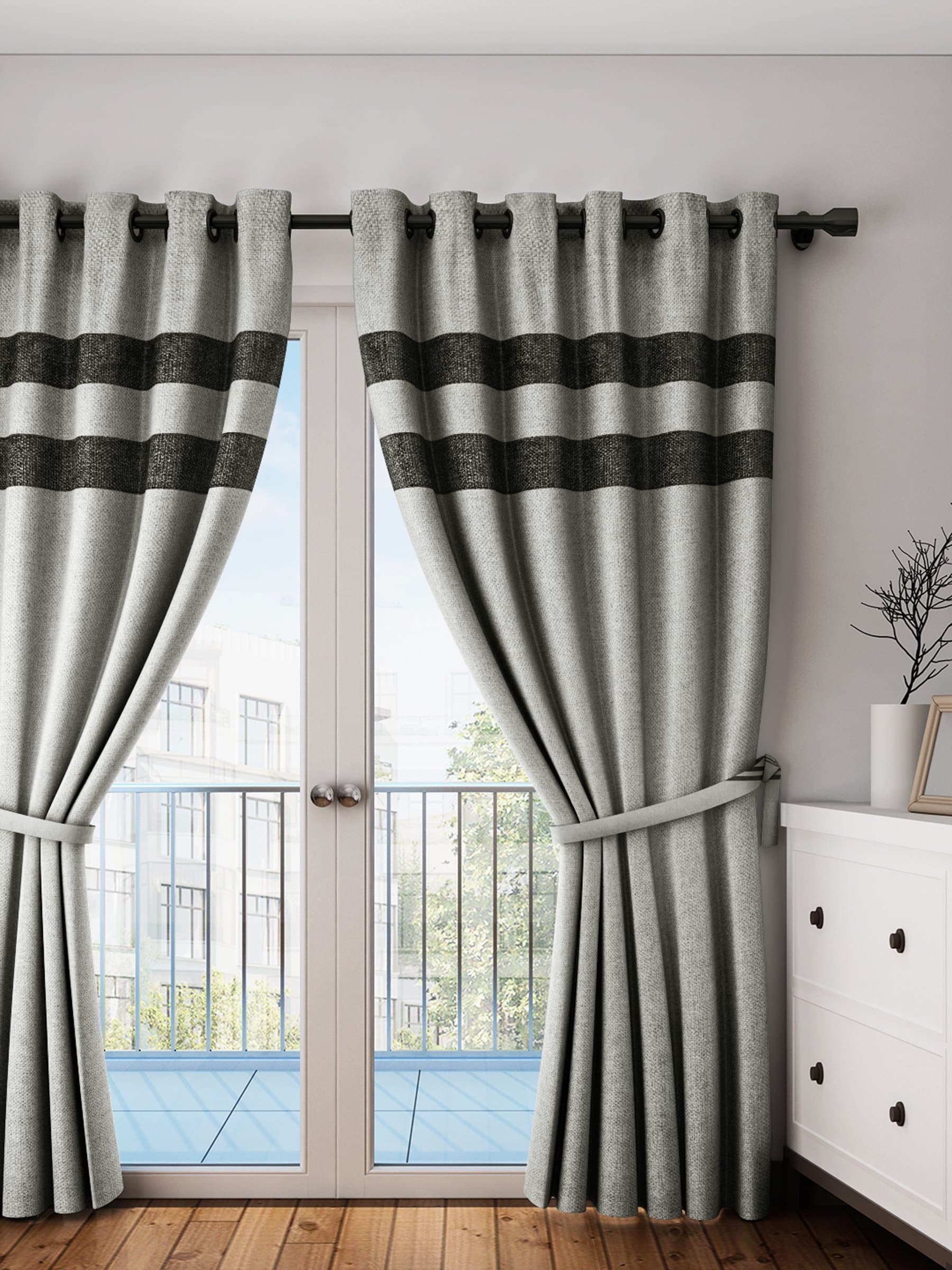 Portiere Jute Double Patch Curtain Grey 7ft, 1 Piece