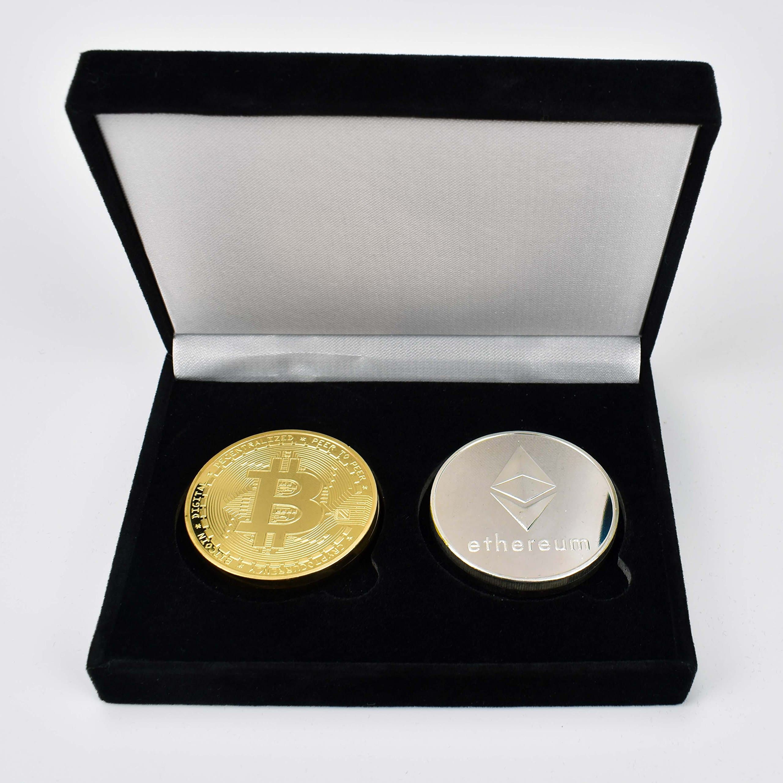 2PCs Bitcoin Ether Set (Gold & Silver Plated) w/Unique Bitcoin Velvet Display Case to HODL Cryptocurrency - Limited Edition BTC Crypto Coins