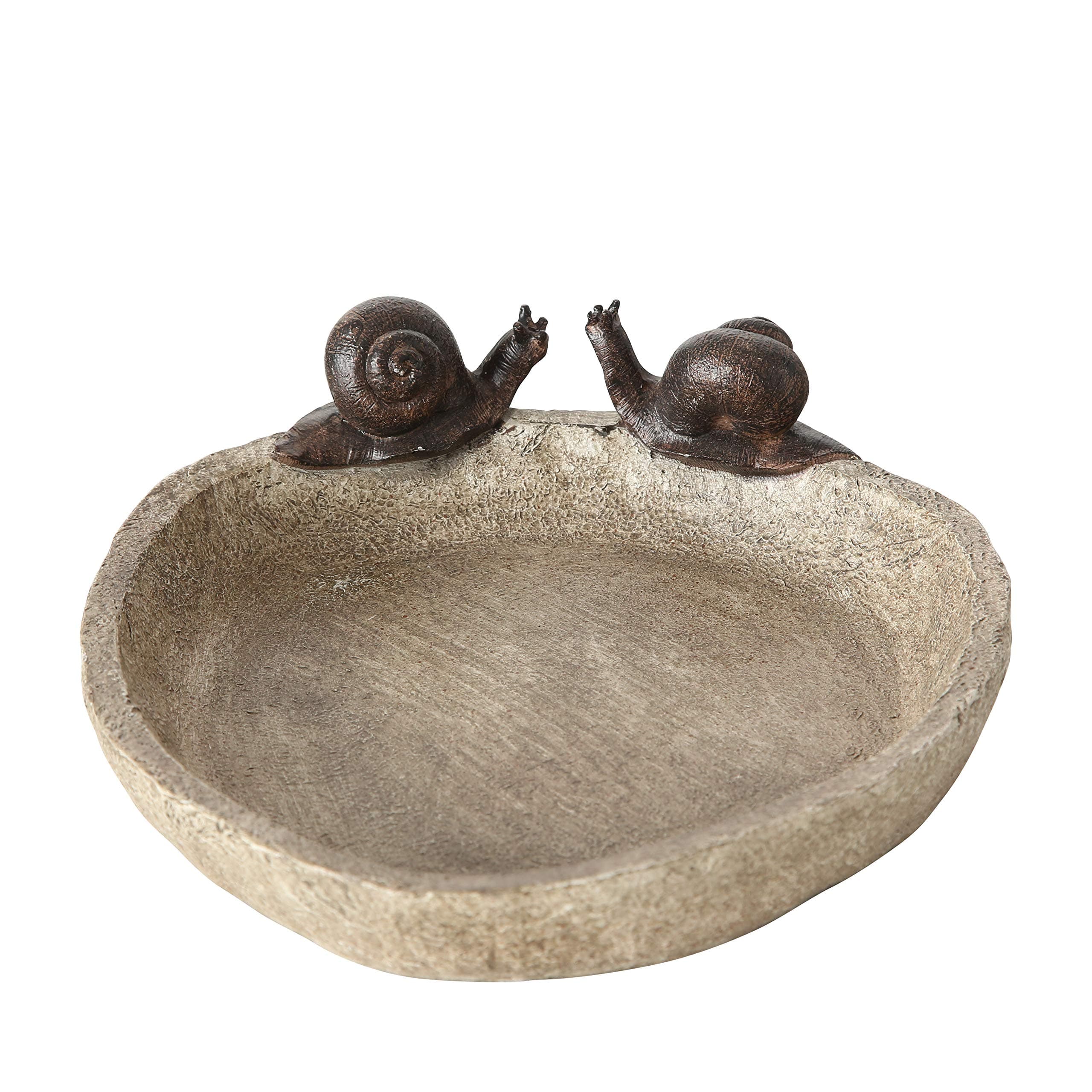 Bird Bath with 2 Snails, Off White Stone Finished Basin and Brown, All Weather Poly Resin, 8 1/4 inches Diameter (21cm)