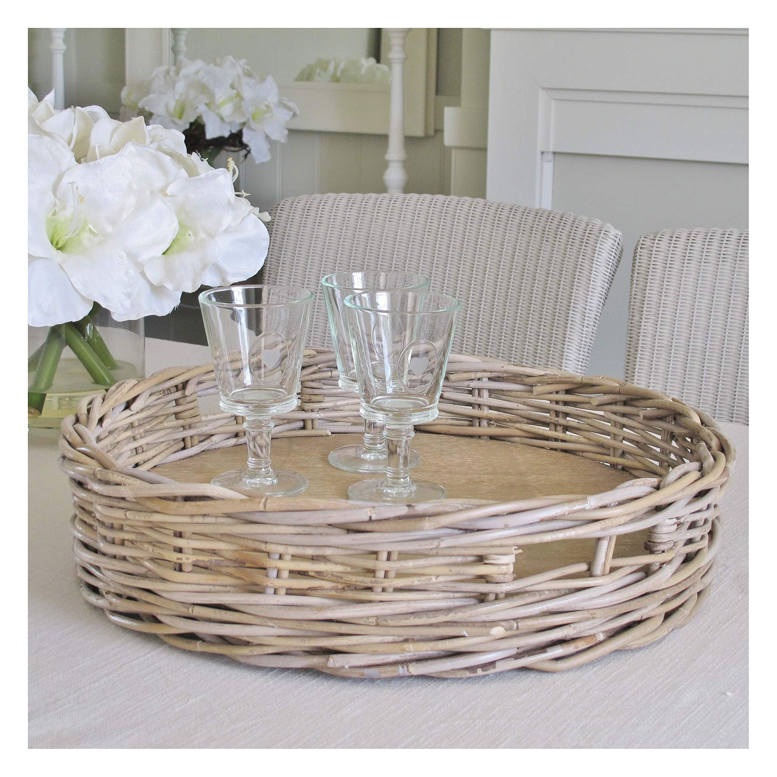 Large Round Wicker Tray Grey and Buff Rattan