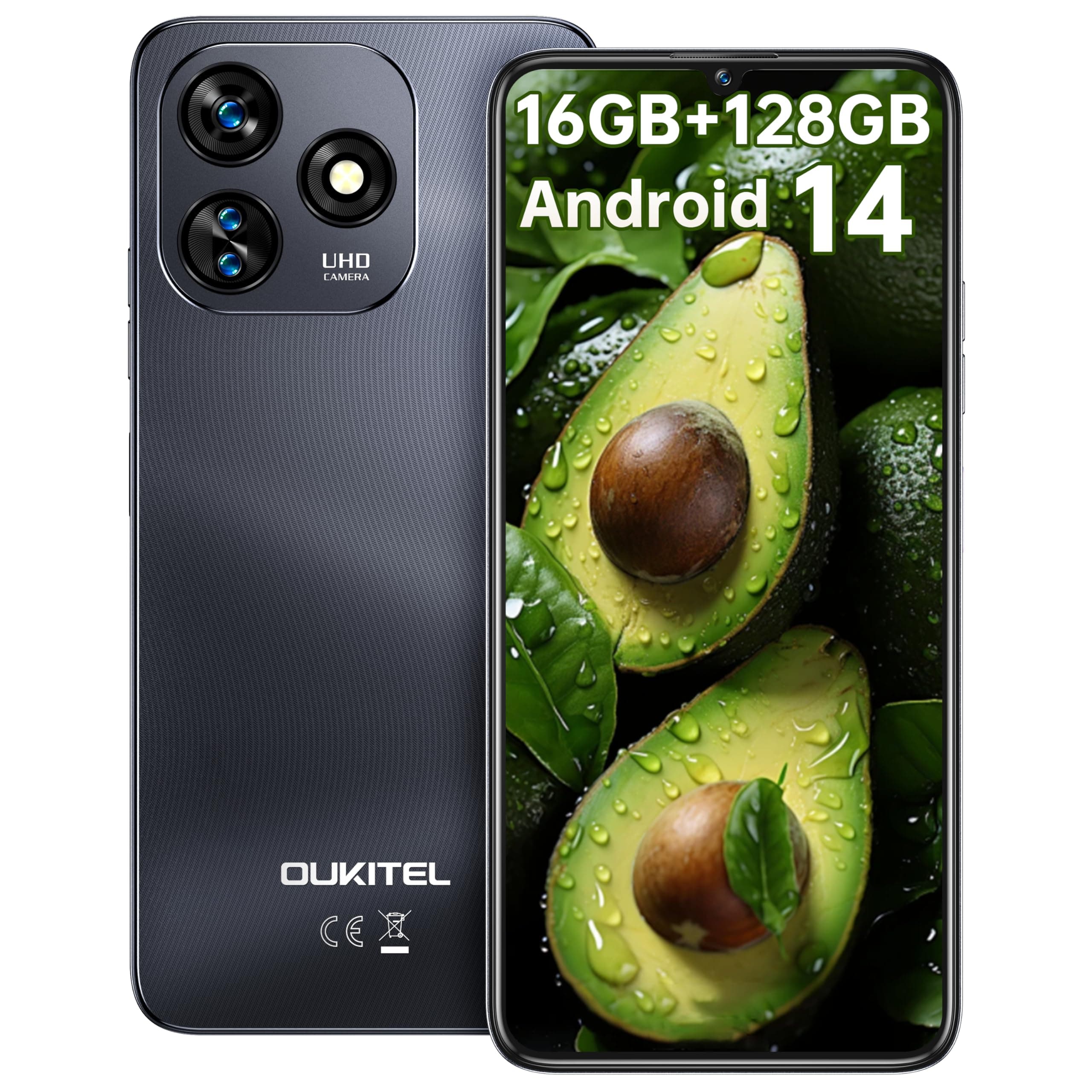 OUKITEL C51 Android 14 Smartphone, 6.8" HD+ Screen Unlocked Cell Phones, 16GB+128GB/SD 1TB, 5150mAh Battery Mobile Phones, 13MP Camera, Three Slots, Face ID/Fingerprint, GPS, Supports T-Mobile, Black