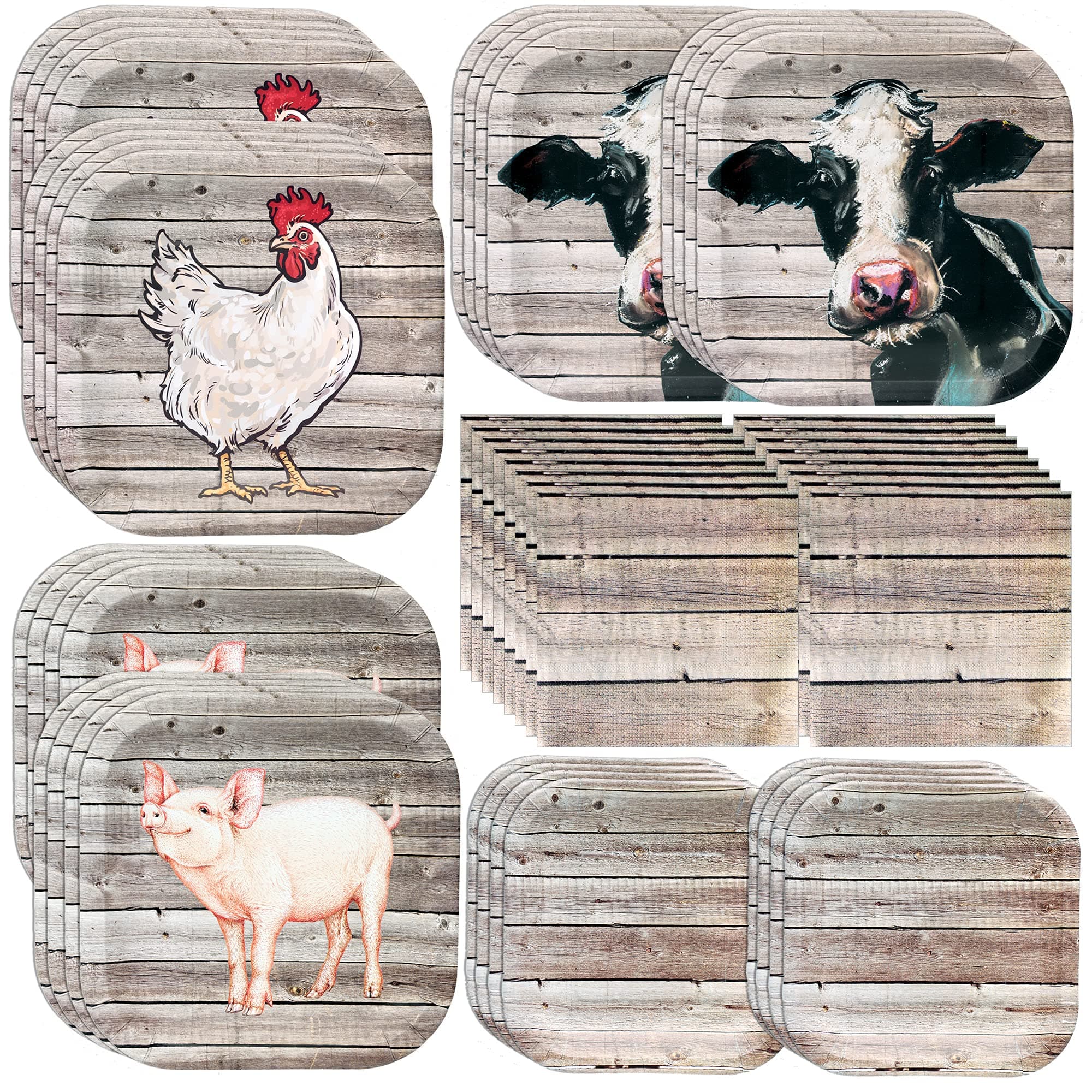 Havercamp Farm Table Party Bundle - 8 Pig Dinner Plates (9"), 8 Cow Plates (9"), 8 Chicken Plates (9"), 8 Barn Wood Dessert Plates (7"), 16 Luncheon Napkins - Rustic Barn Decor Set Supply