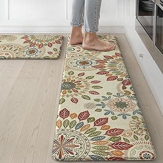 Kitchen Mats for Floor 2PCS, Cushioned Kitchen Rugs Non Slip Washable, Farmhouse Anti Fatigue Mat Waterproof, Comfort Standing Mat Rug for Office, Home, Laundry, 17.3"x59"+17.3"x30", Beige&Red