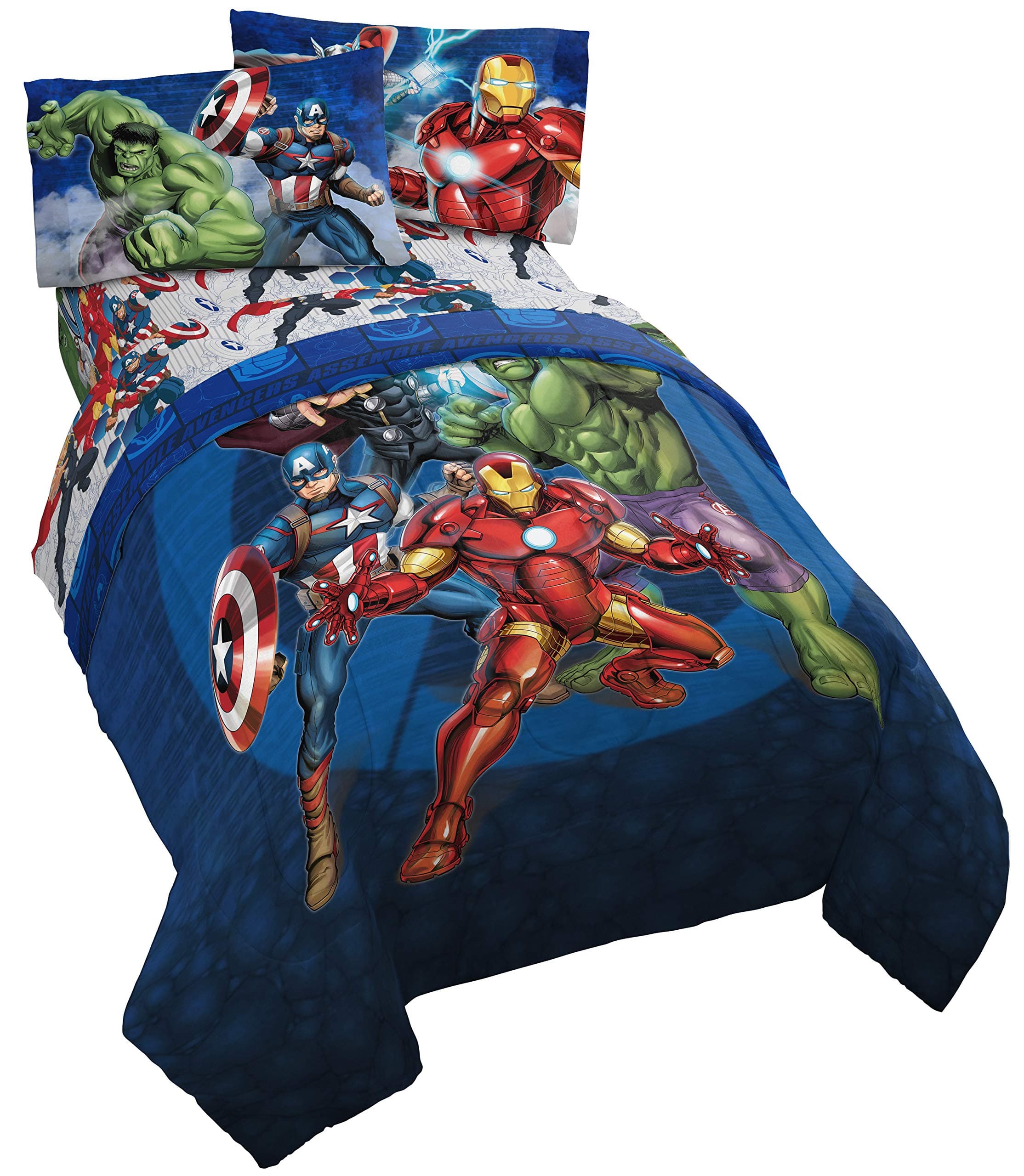 Marvel Avengers Blue Circle 4 Piece Twin Bed Set - Includes Reversible Comforter & Sheet Set - Super Soft Fade Resistant Polyester (Official Marvel Product)
