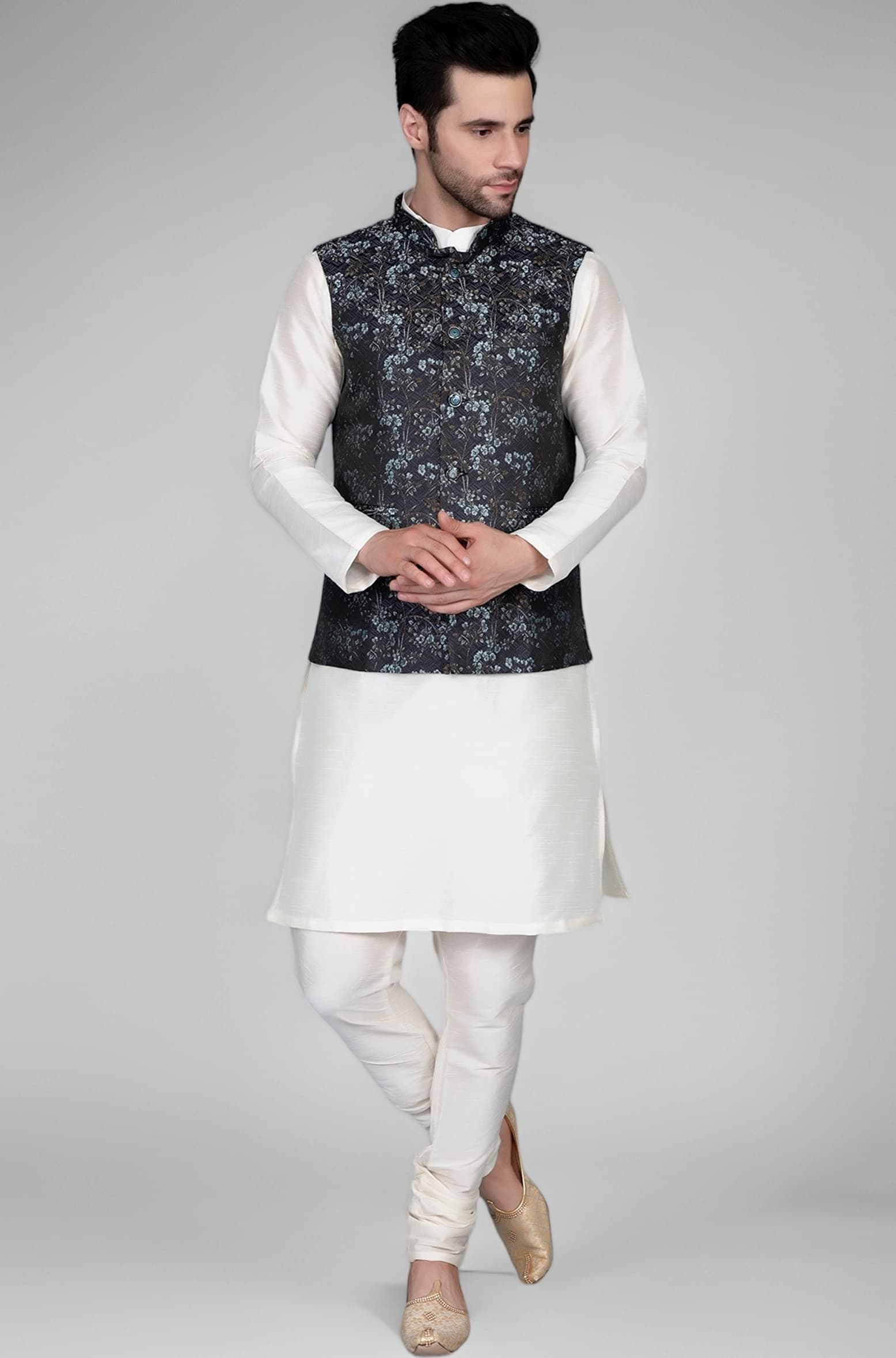 Ethluxis® Men's Silk Blend Kurta Churidar Pyjama with Ethnic Bundi Jacket Set