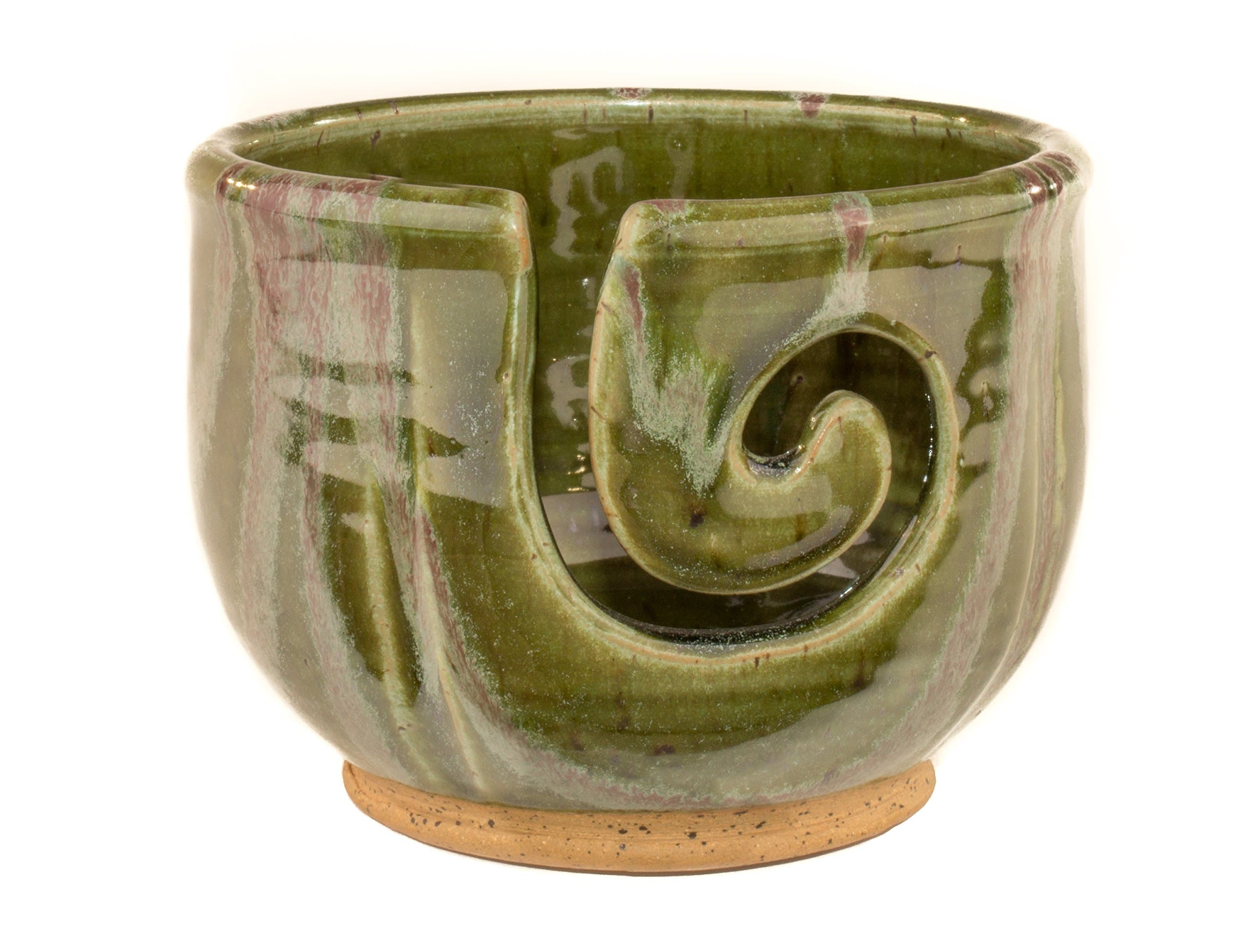 Midnight Sun Pottery Yarn Bowl - Green with Raspberry