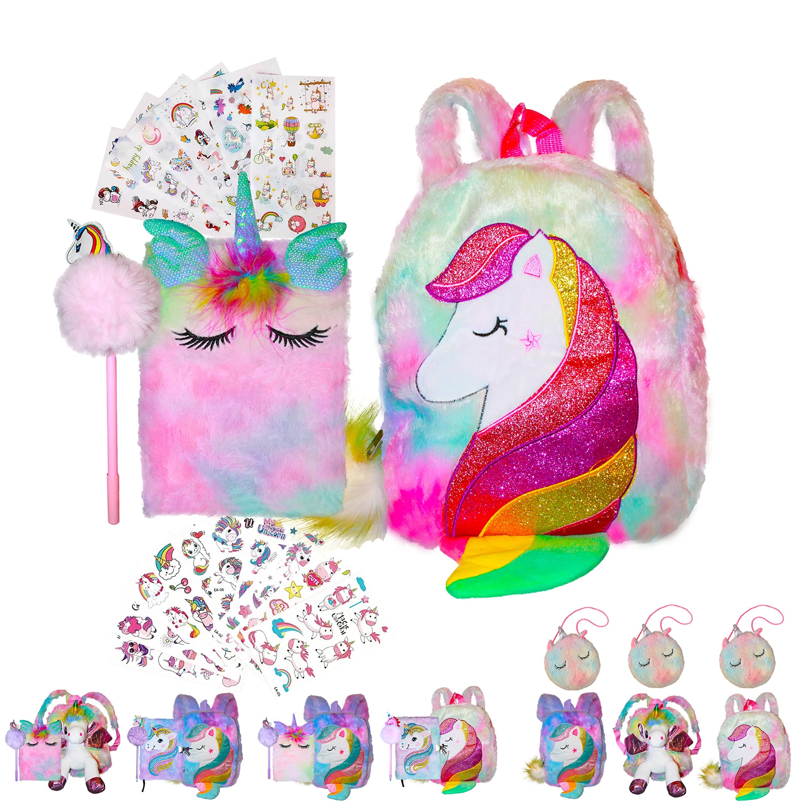 Cute Rainbow Fluffy Unicorn Backpack Plush Bag with Fluffy Handbag or Notebook, Pompom Pen and Stickers, Soft Toy, School Supplies, Dream Gift, Notebook for