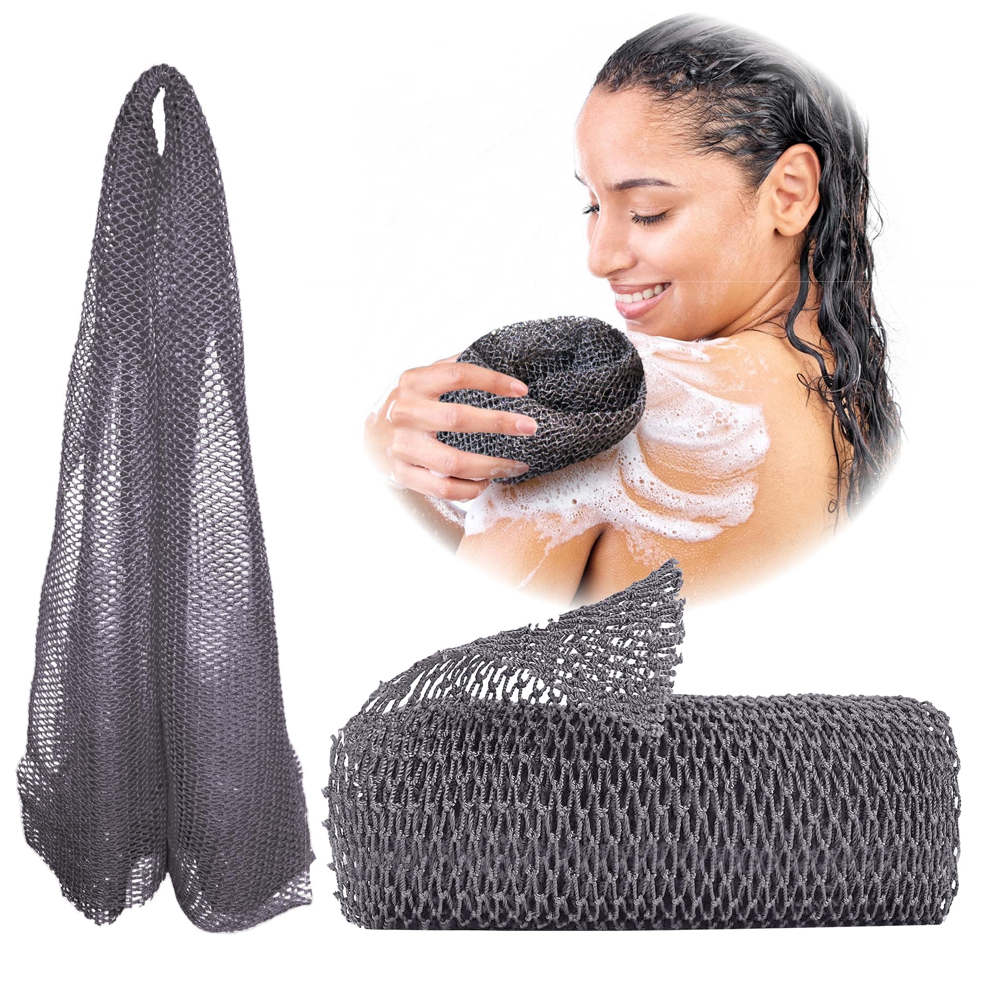 Adeton African Net Sponge, Authentic, Real, Black Owned, Exfoliating Bath Wash Cloth, Long Sponge, Body Exfoliator, Sapo, Shower Bath Accessories, Back Foot Scalp Scrub, Flat Dead Skin Remover (Grey)