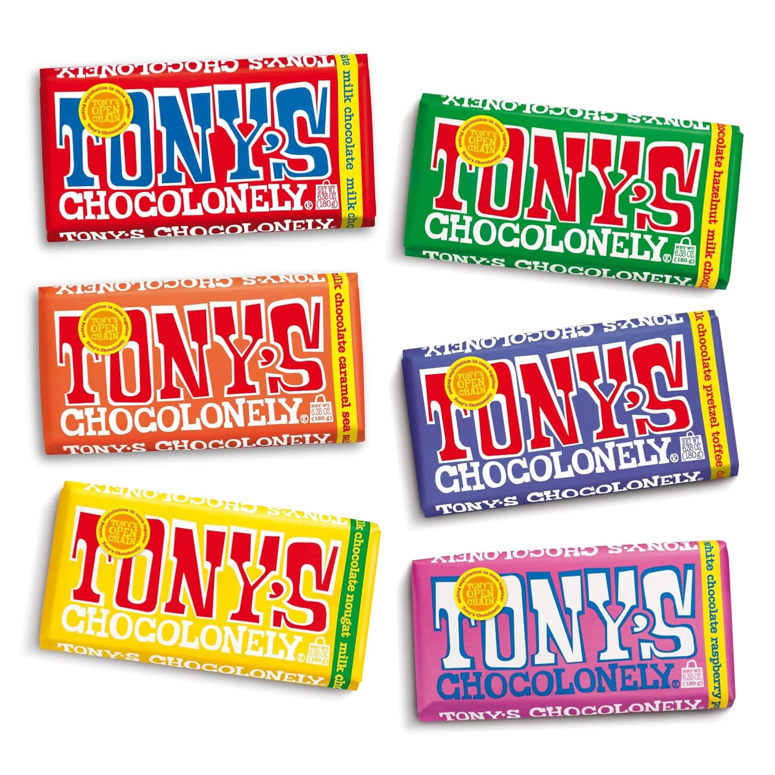 Tony’s Chocolonely Super Duper Milk Chocolate Candy Bar Bundle, Milk & White Chocolate With Sea Salt, Caramel, Pretzel Toffee, Almond, Hazelnut, Quality Fairtrade Cocoa, 6 Bars, 180G Each