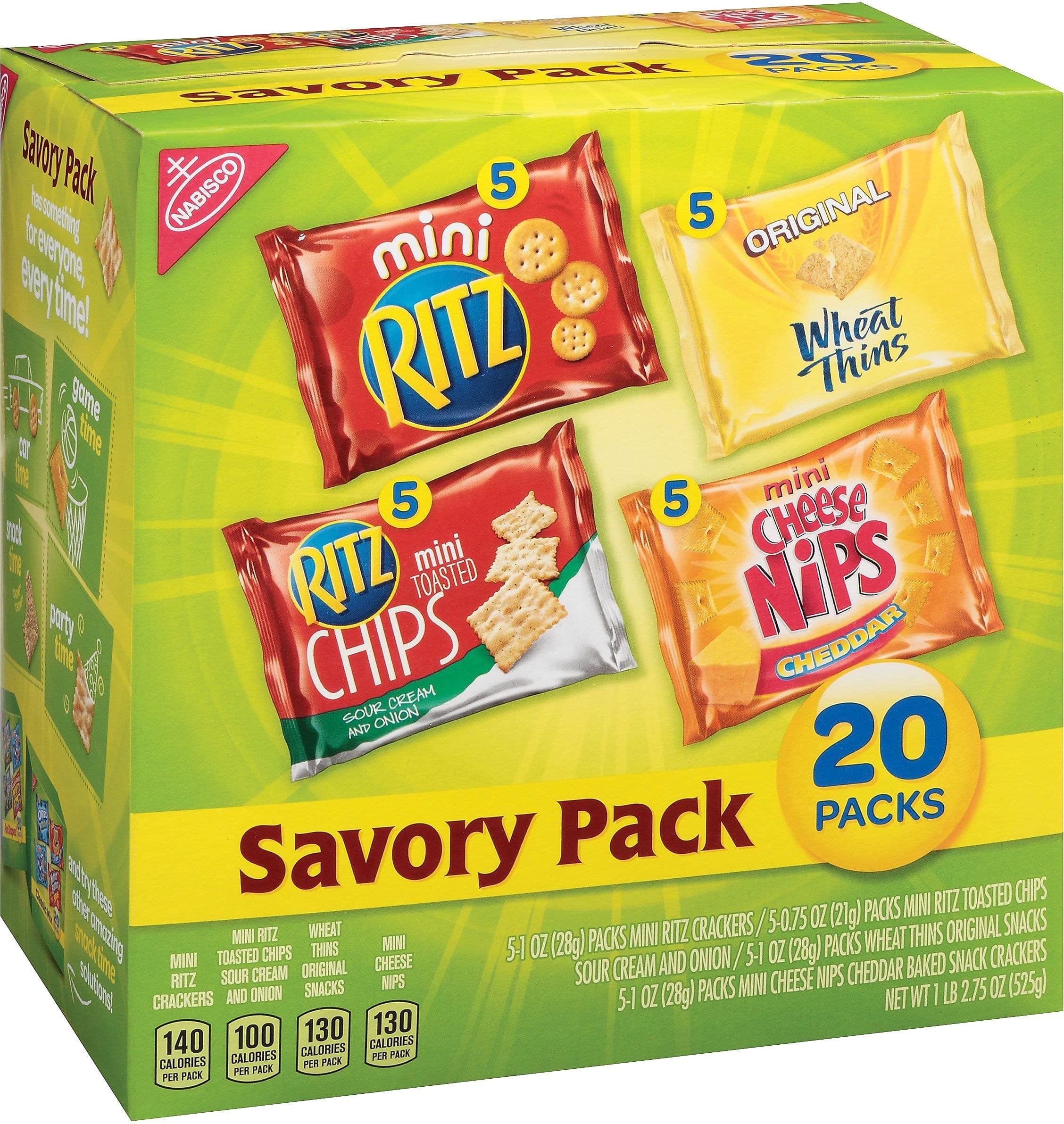 Nabisco Savory Cracker Variety Pack, RITZ, Cheese Nips, Wheat Thins & RITZ Toasted Chips Sour Cream and Onion, 20 Snack Packs