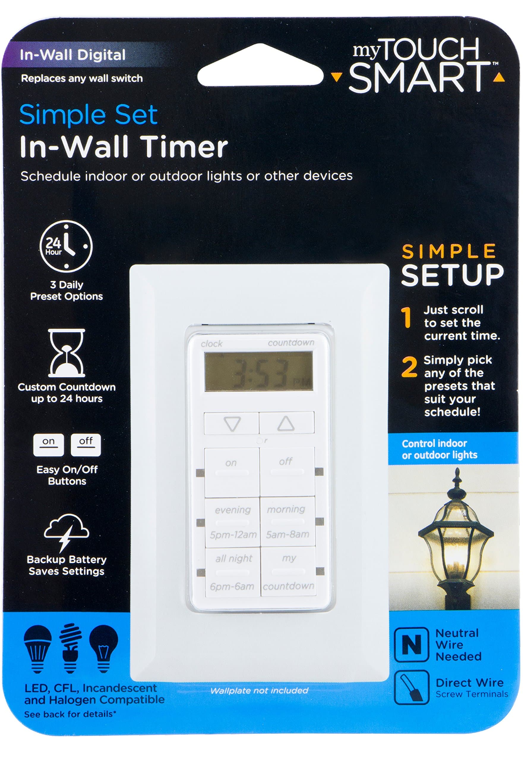 myTouchSmart25055 In- Wall Digital Countdown, 2 Easy On/Off Buttons Timer, White