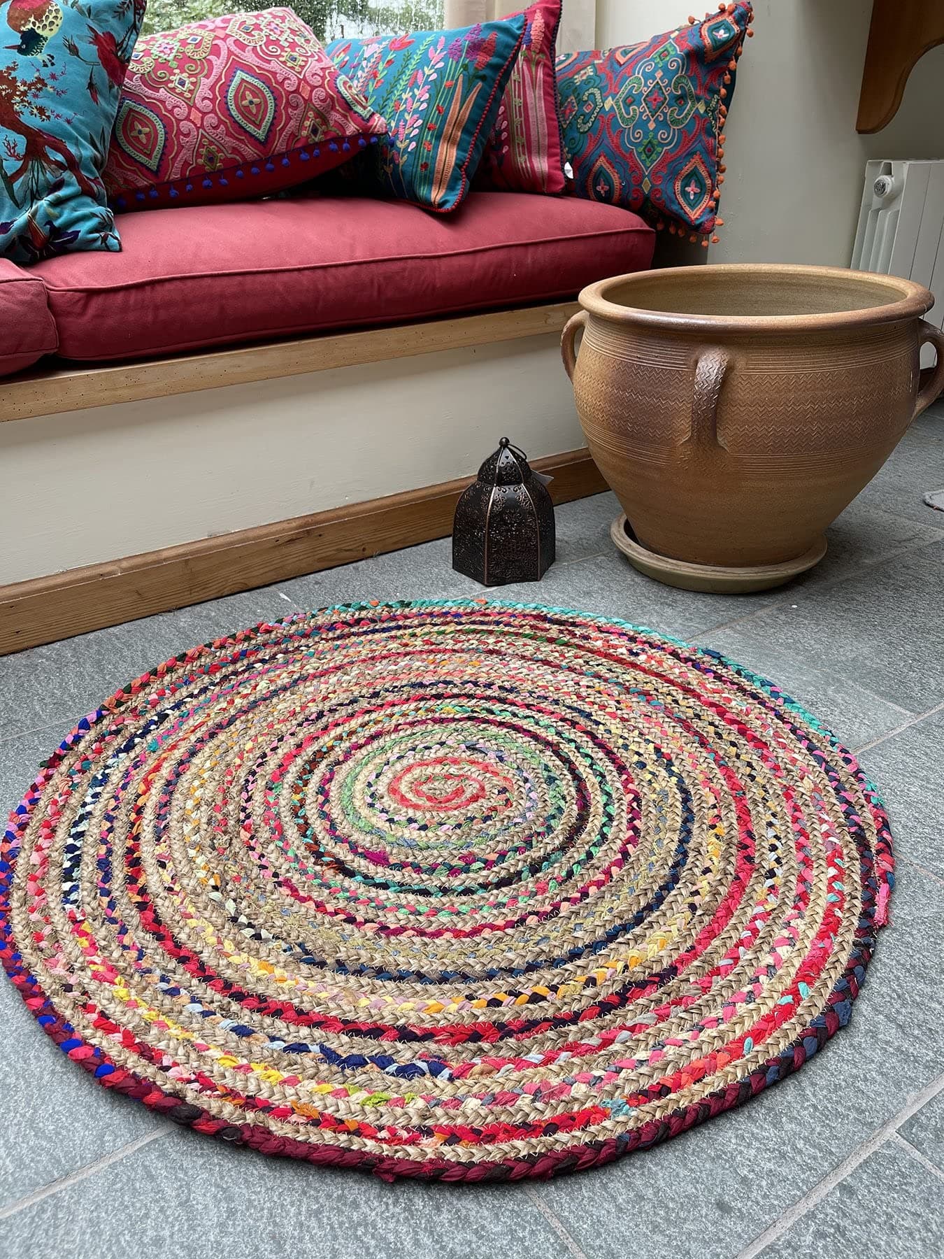 Second Nature OnlineMishran Eco Friendly Small Round Braided Rug Flat Weave with Natural Jute and Multi Colour Recycled Material 60 cm Diameter