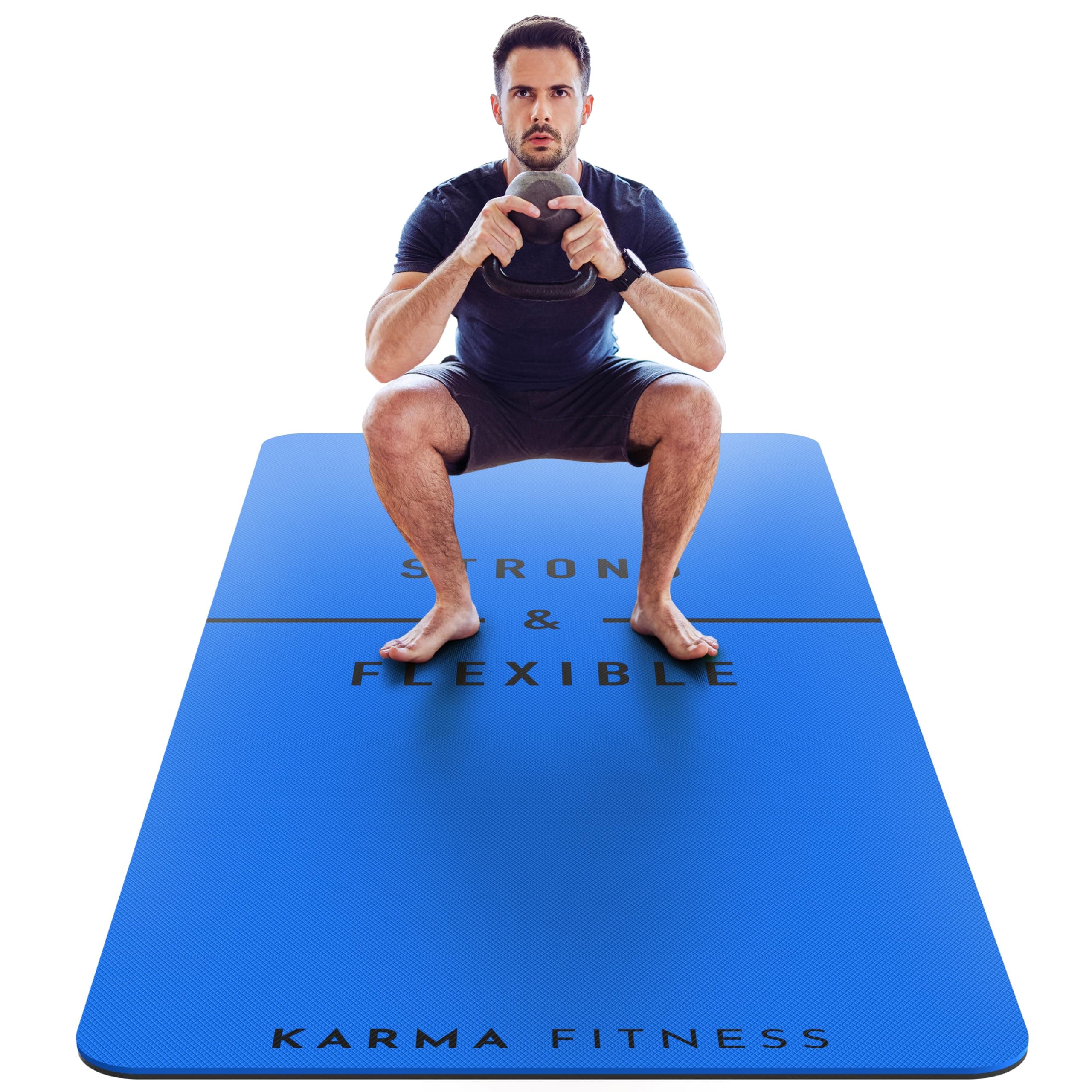 Large Exercise Mat – Extra Wide & Extra Thick Yoga Mat (183cm x 80cm x 10mm), TPE Fitness Mat with Free Carry Straps, Perfect for HiiT Home Workouts & Pilates - 'STRONG & FLEXIBLE' (Blue)…